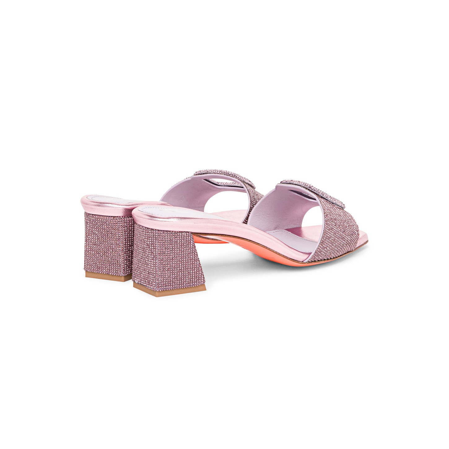 Women's pink laminated leather and crystals mid-heel sandal - 3