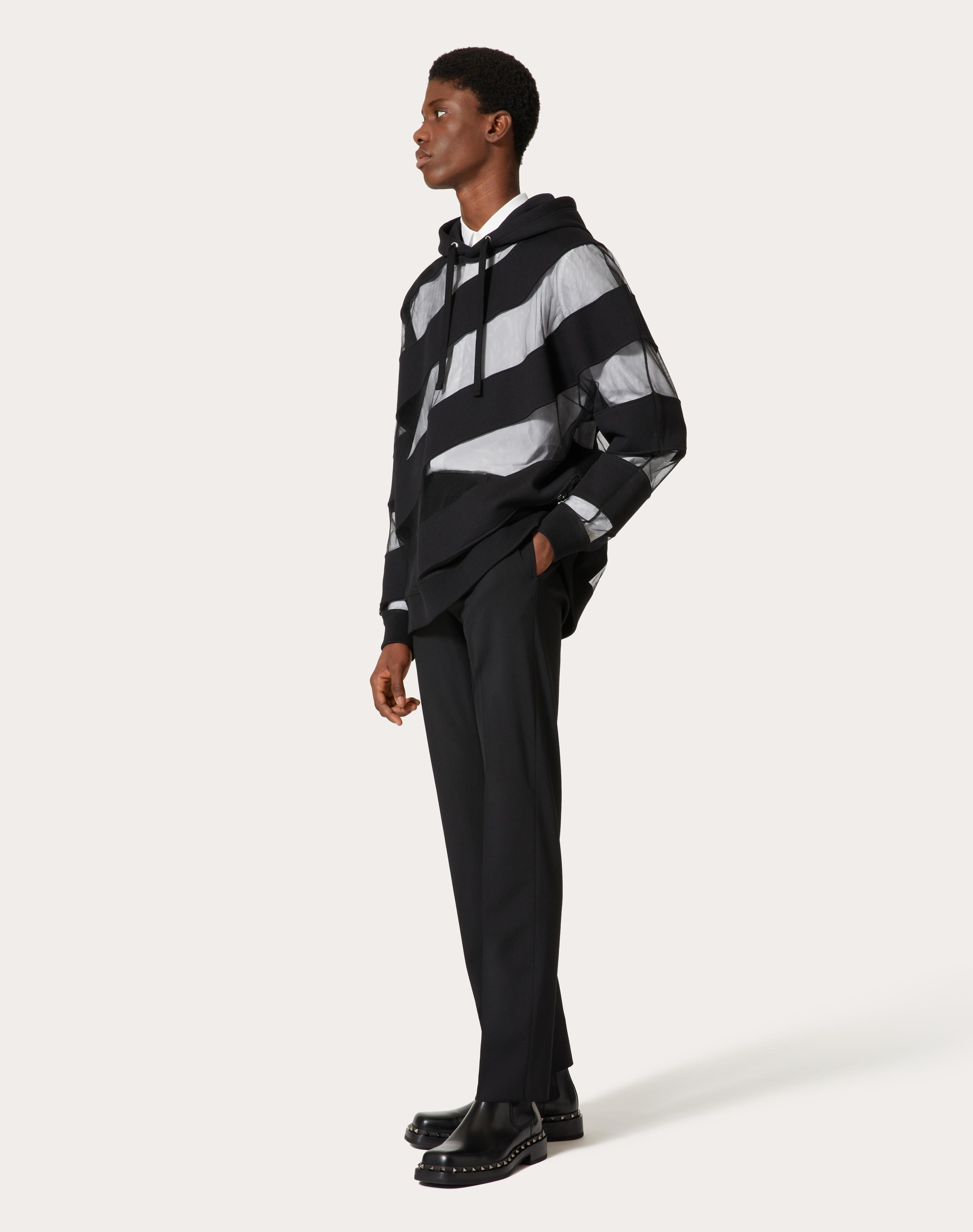 COTTON HOODED SWEATSHIRT WITH LARGE STRHYPE NYLON TULLE INSERTS - 2