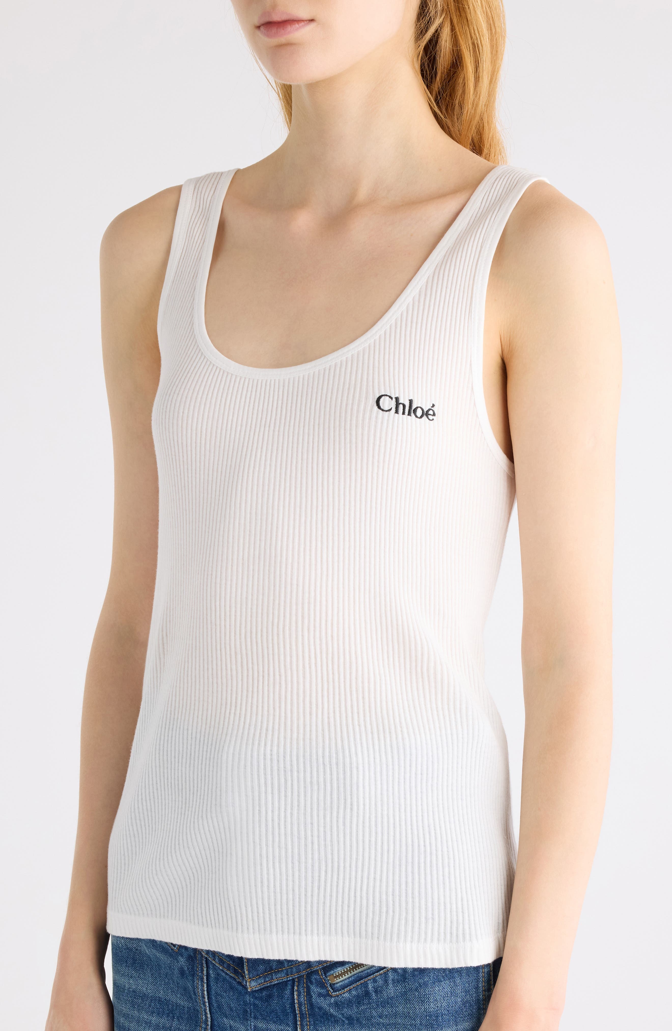 Chloé Logo Embroidered Cotton Rib Tank in White at Nordstrom - 5