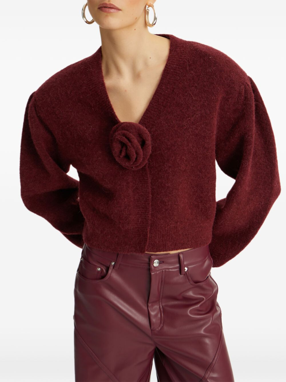 rose-embellished puff-sleeve cardigan - 4