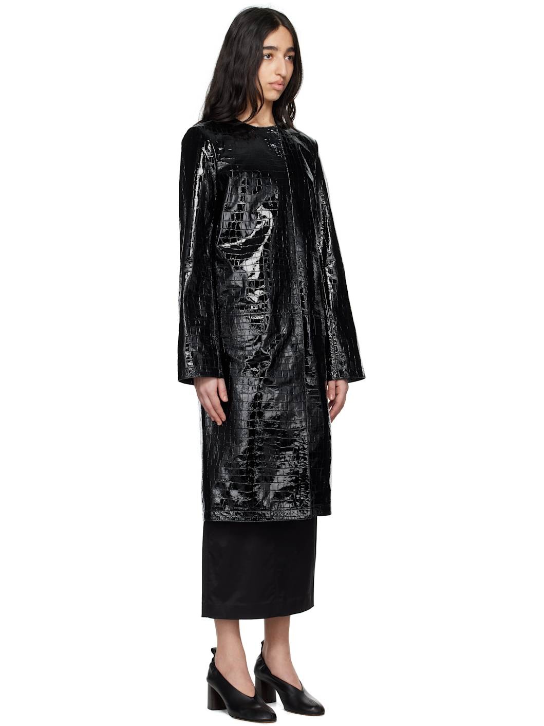Black Croco-Embossed Leather Coat - 2