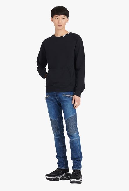 Black cotton sweatshirt with white Balmain logo print neckline - 2