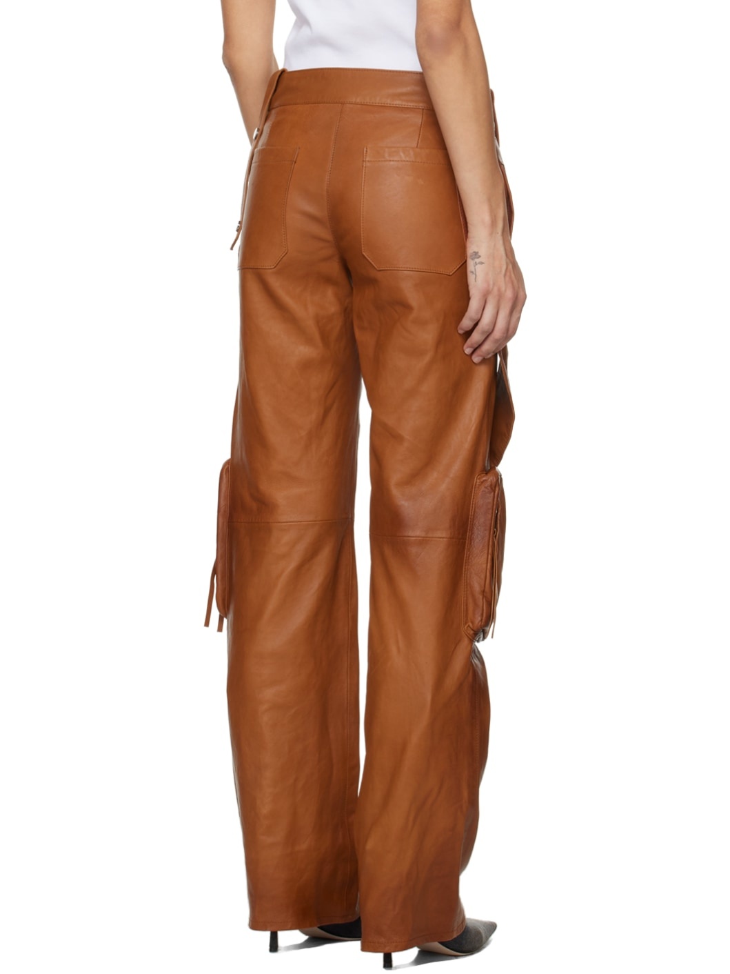 Brown Bellows Pocket Leather Pants - 3