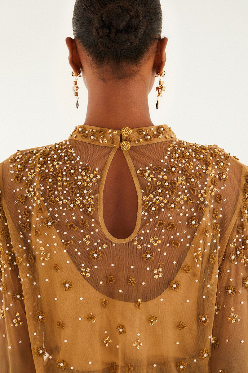 Caramel Embroidered Tulle Lined Blouse 4