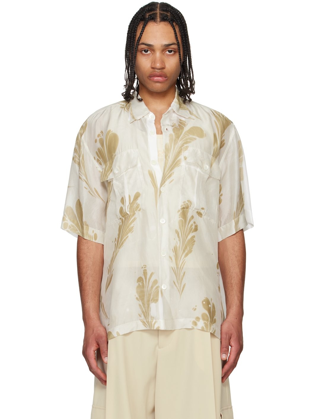 Beige & Off-White Hand Printed Silk Shirt - 1