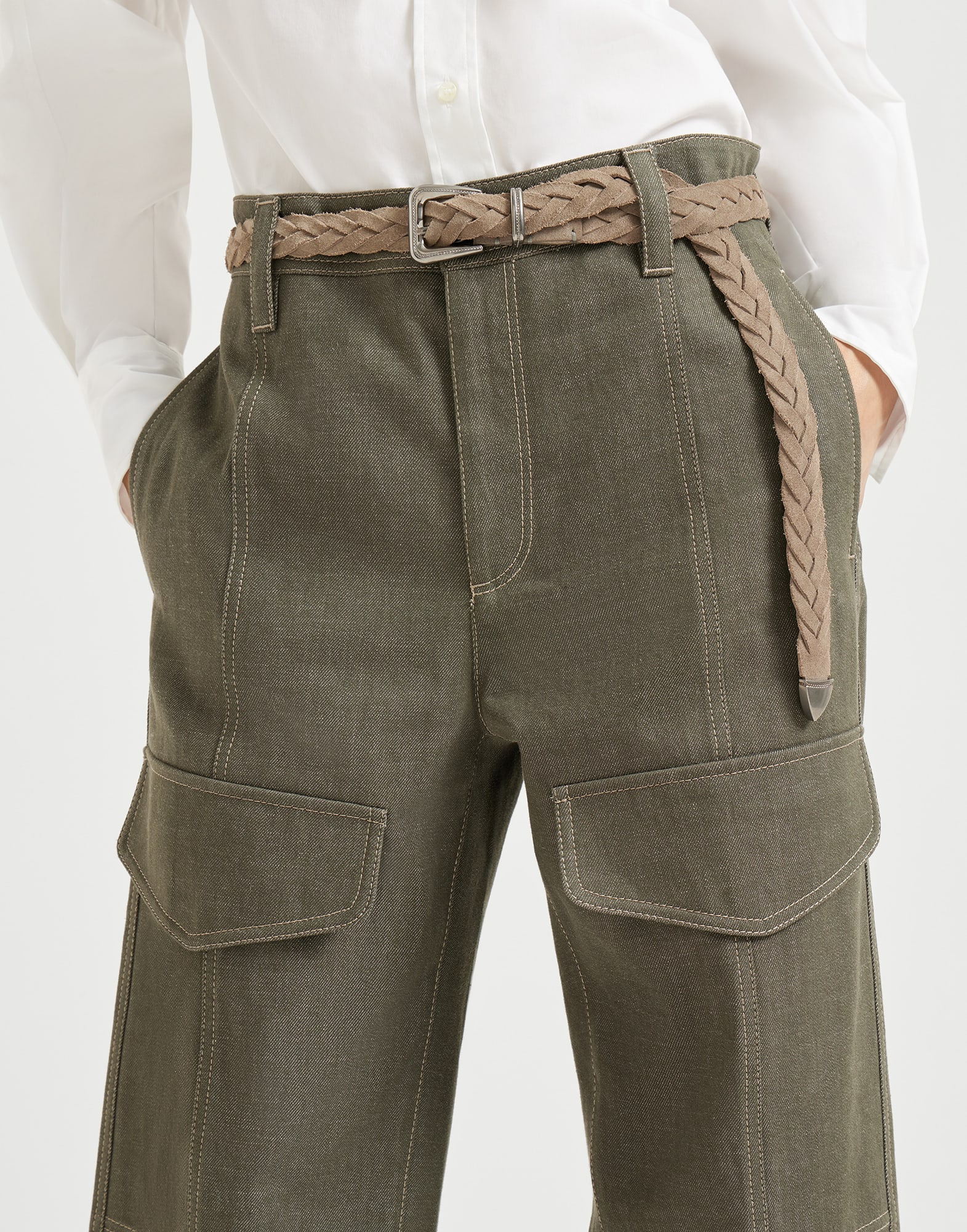 No-fade denim square cargo trousers with monili - 3