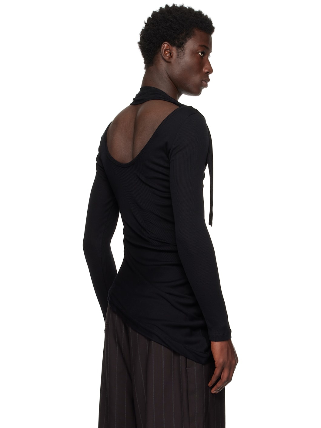Black Ribbed Twisted Double Layer Piercing T-shirt - 3