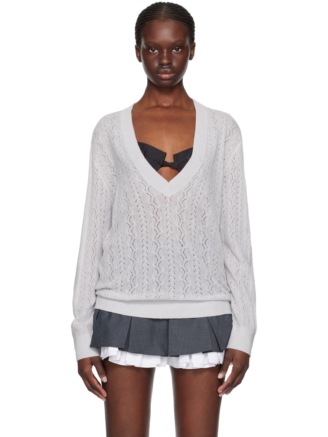 Gray V-Neck Sweater - 1