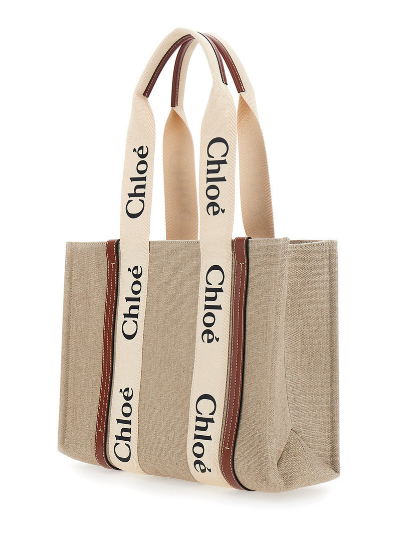 Chloé Chloé Women 'Medium Woody' Beige Handbag With Logo Lettering On The Front In Linen Woman outlook