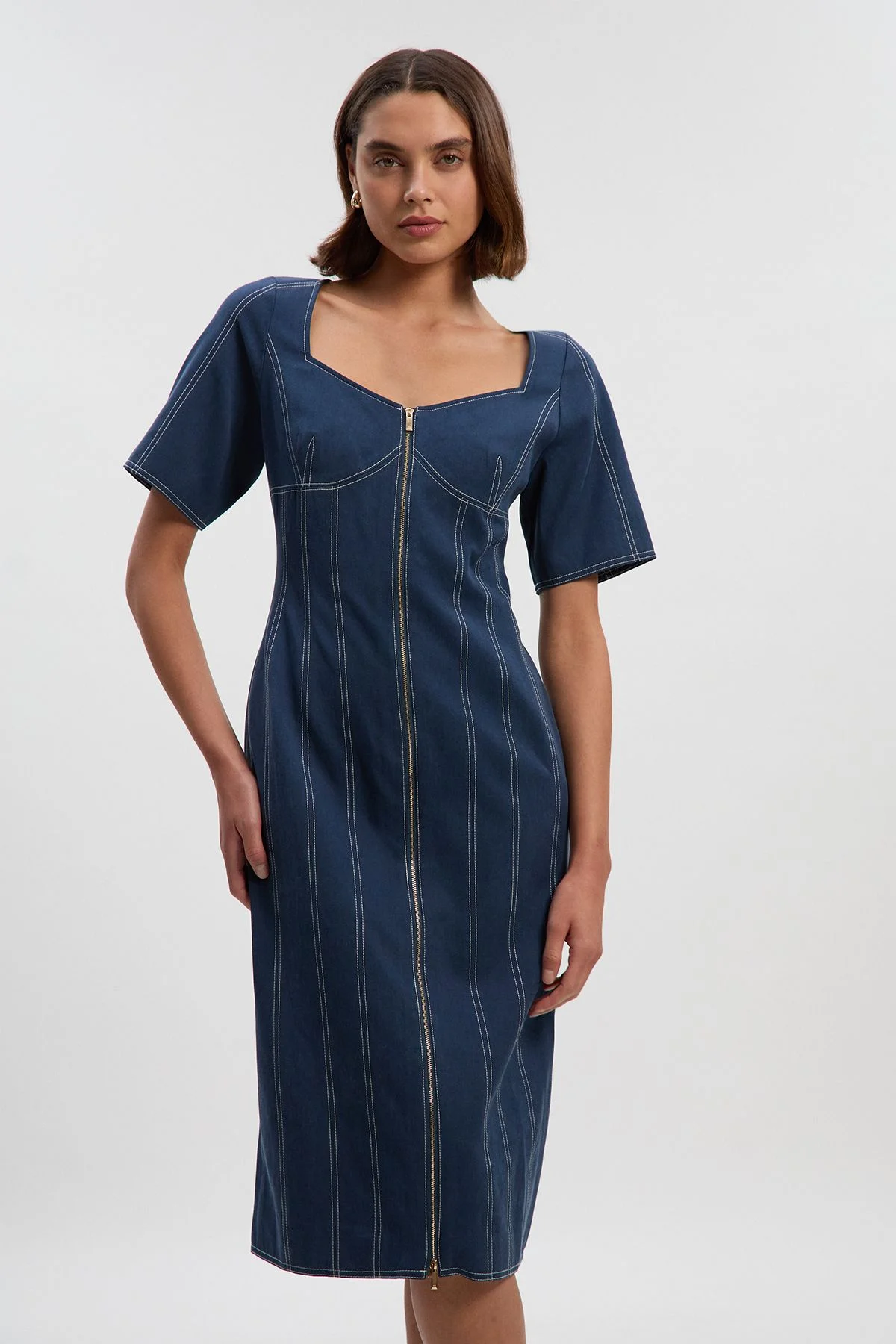 Tencel Cotton Contrast Stitch Zip Front Woven Midi Dress - 1