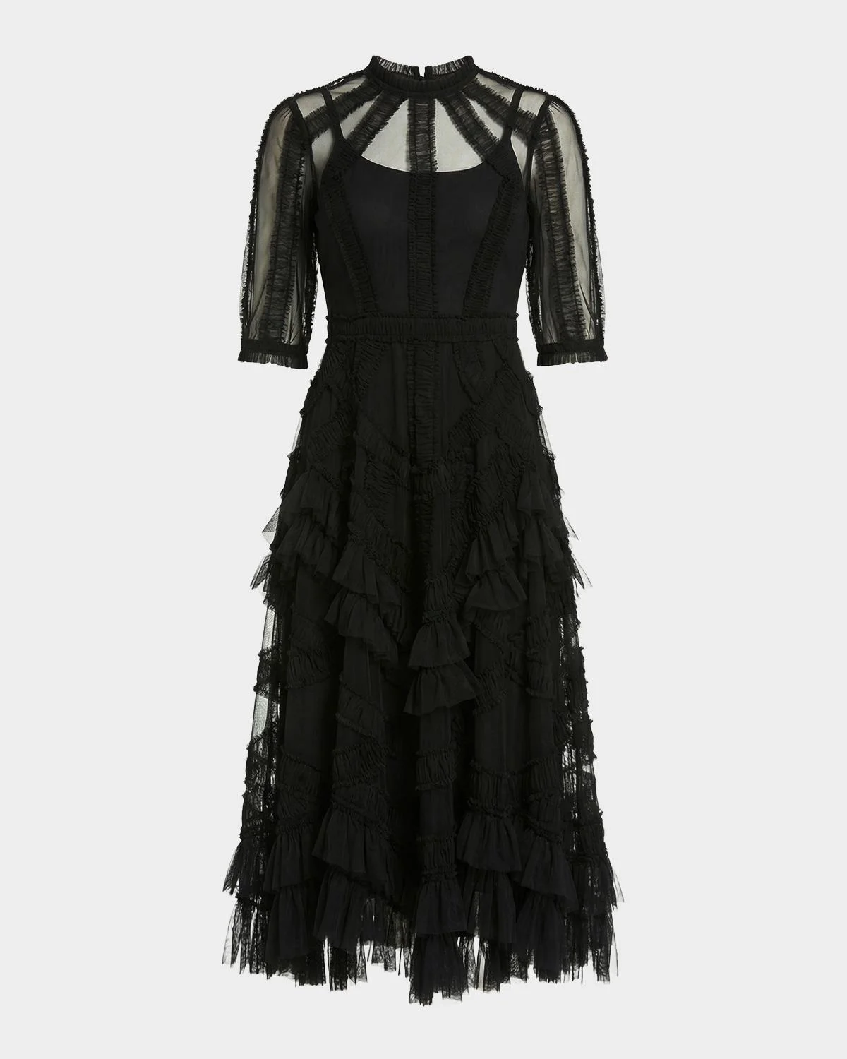 High-Neck Ruffled A-Line Midi Dress - 1