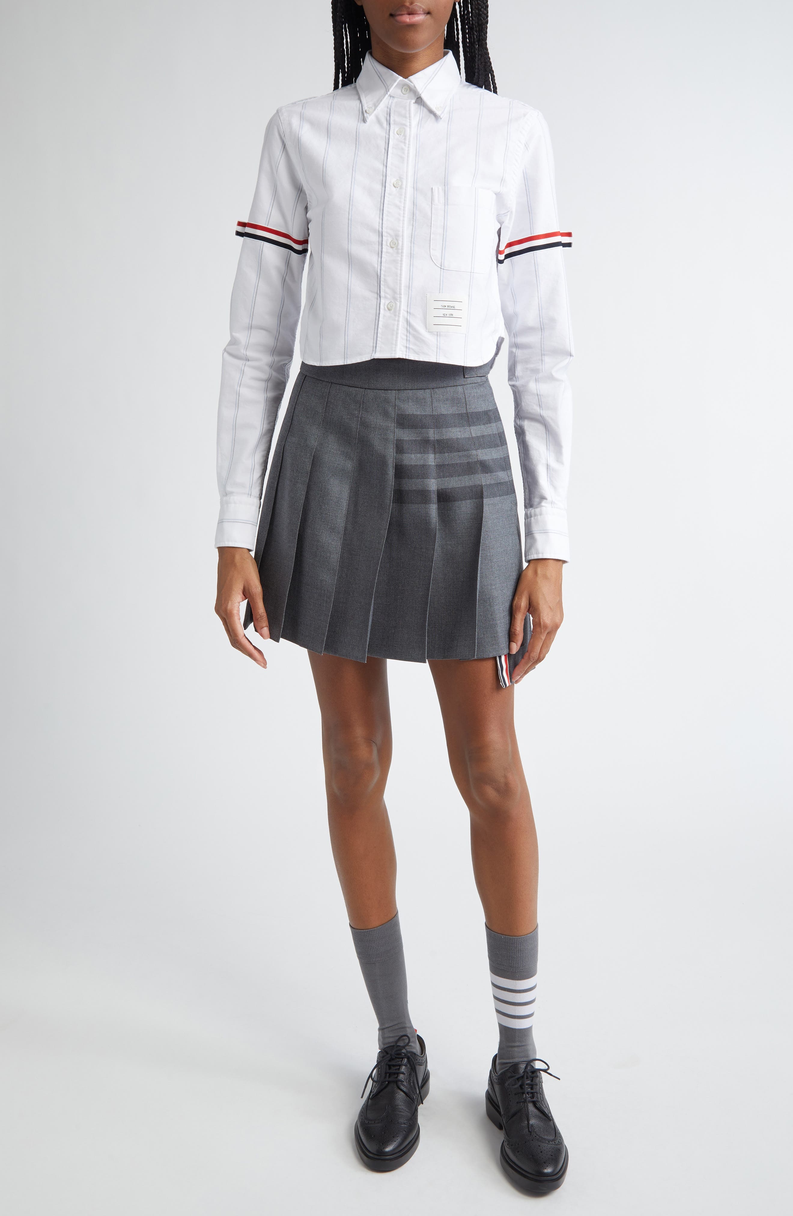 Thom Browne Armband Stripe Cotton Poplin Crop Button-Down Shirt in White at Nordstrom - 7