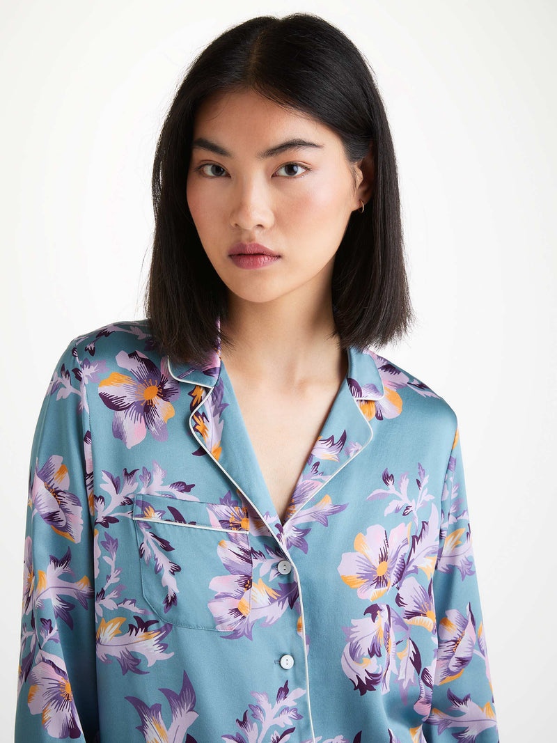 Women's Pajamas Silk Satin Blue Wildflower Pattern - 2