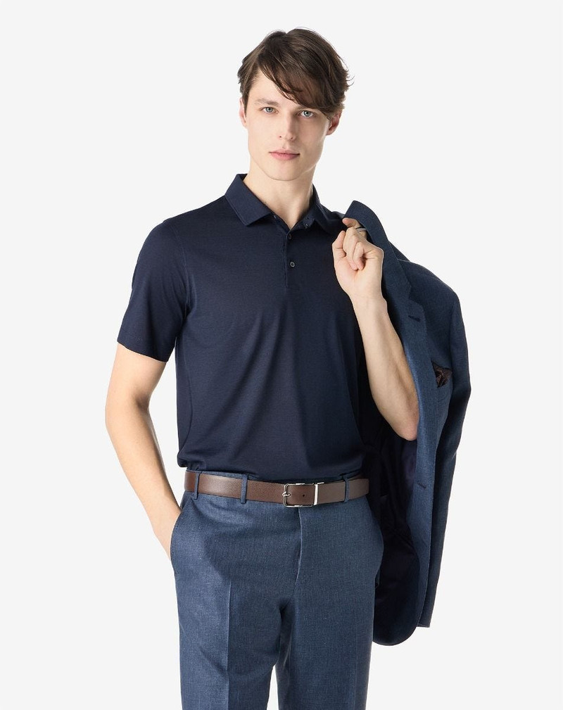 CORNELIANI Navy blue buttonless luxury jersey polo shirt outlook