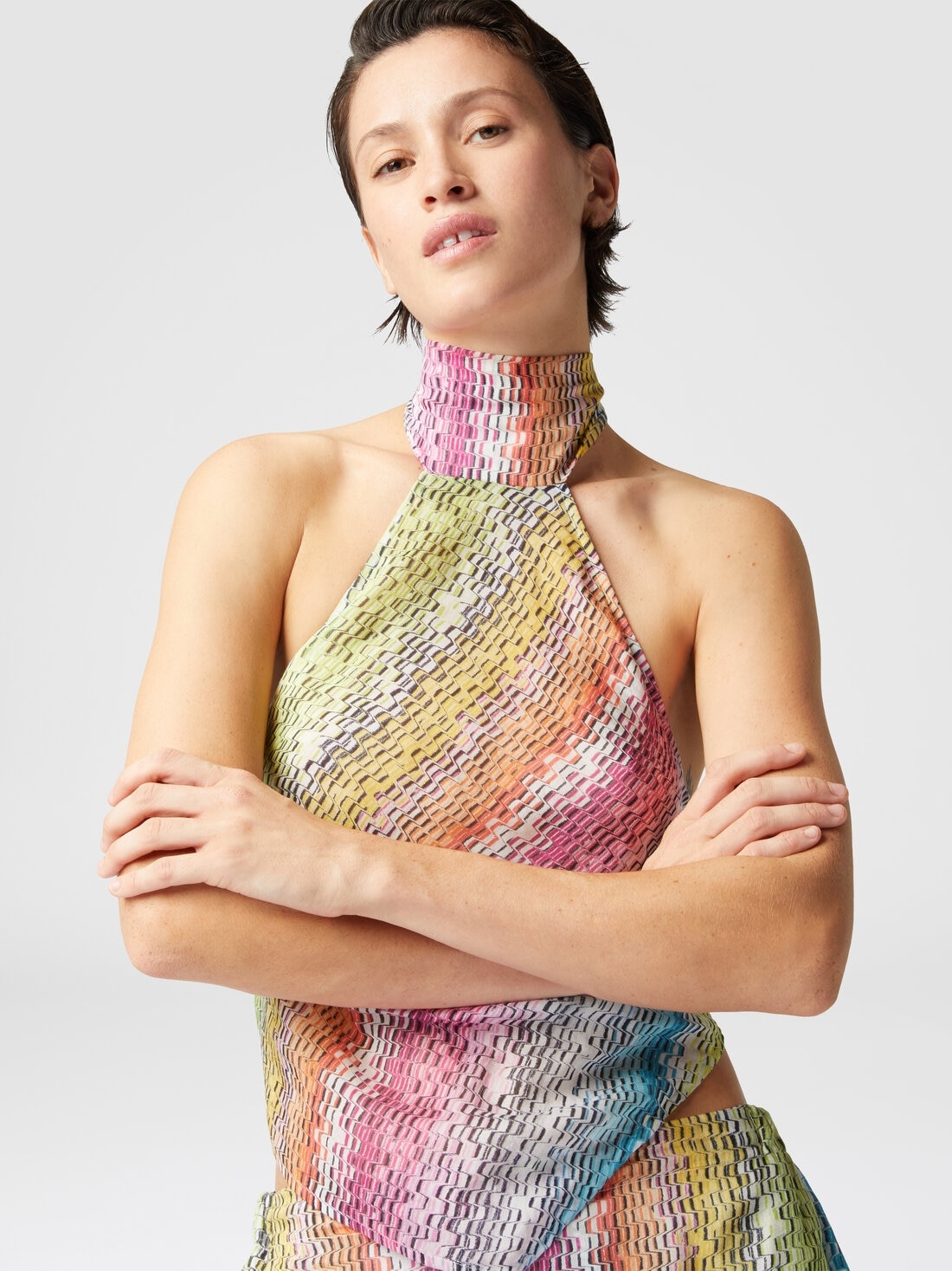 Sleeveless turtleneck top in printed cotton and silk blend - 4