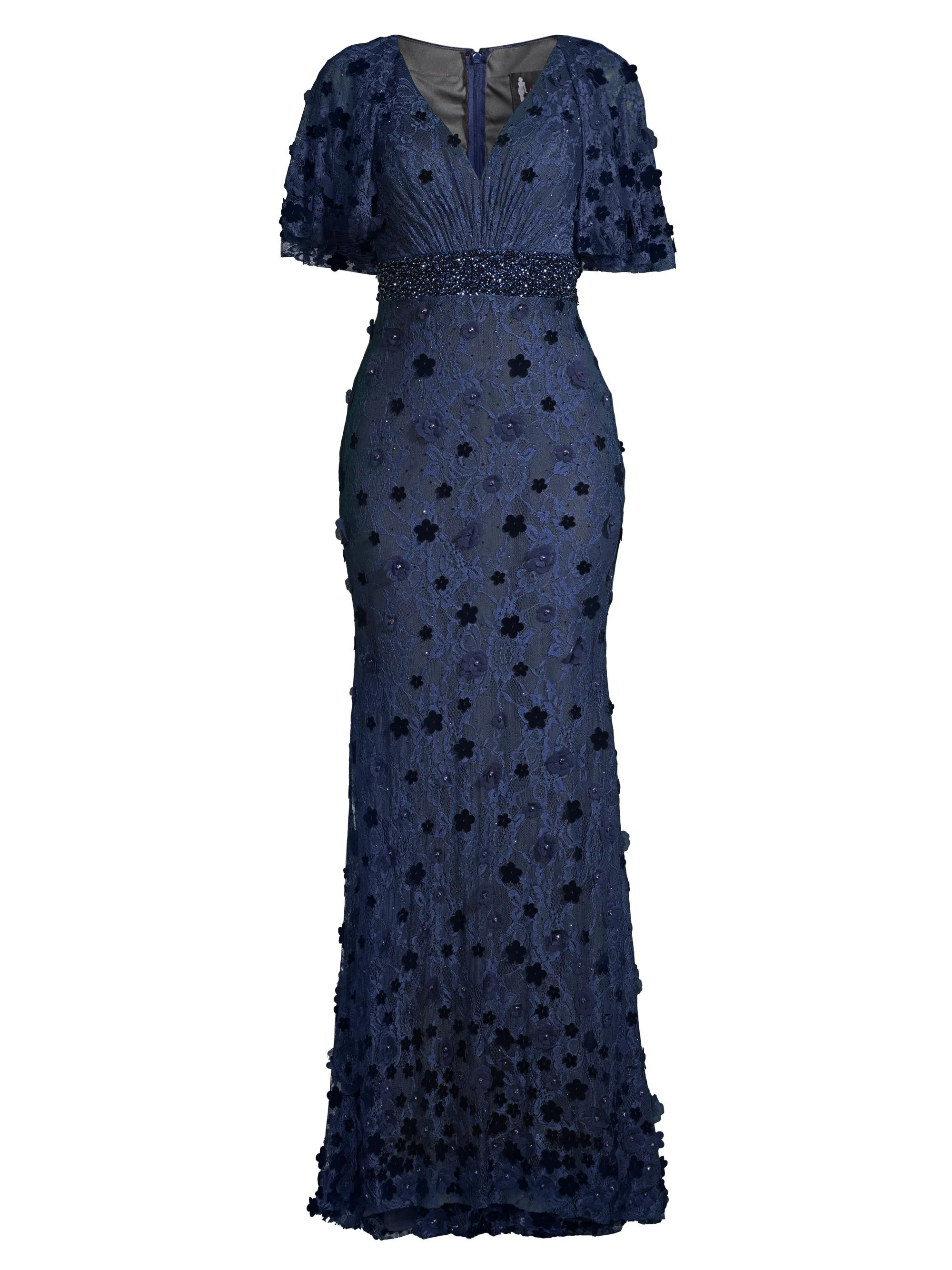 Women's Floral Embellished V-Neck Gown - Midnight - 1