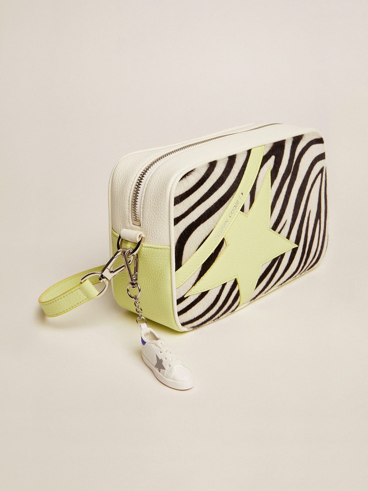 Star Bag in white and lime hammered leather with zebra-print pony skin insert and lime-colored leath - 5