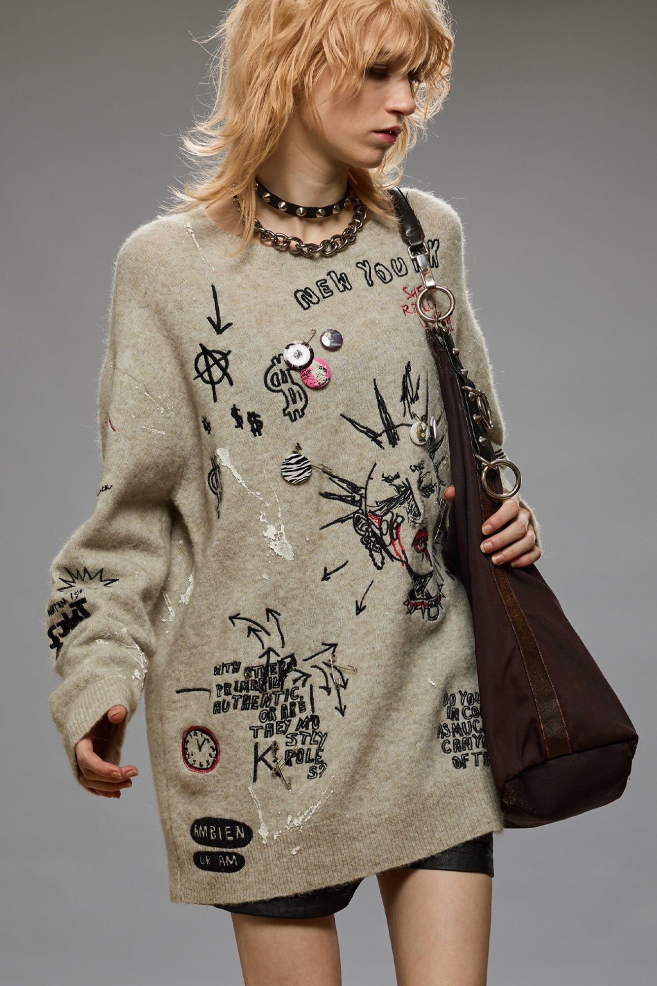 EMBROIDERED BOYFRIEND SWEATER - OATMEAL - 1