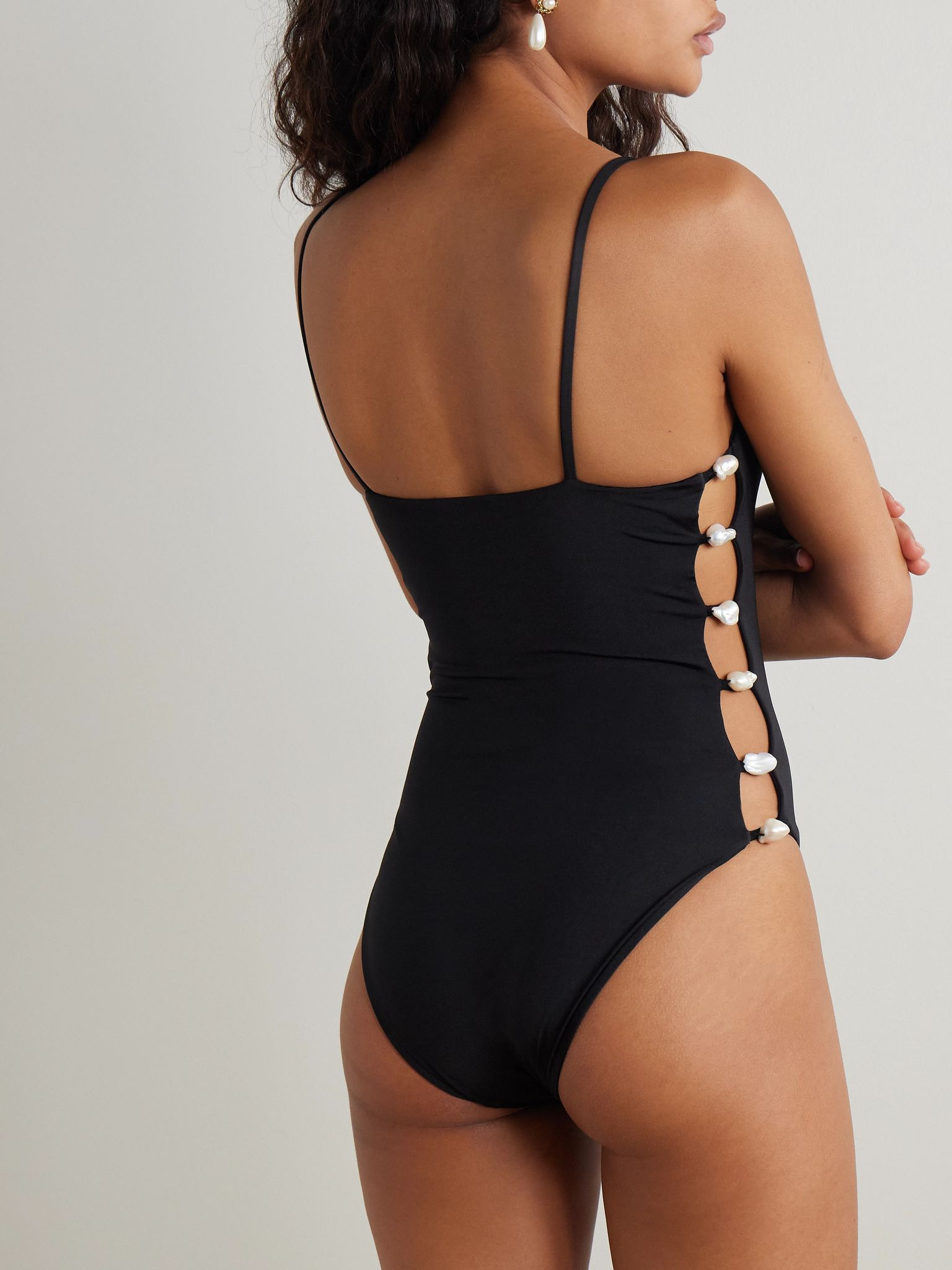 Ocean pearl-embellished cutout stretch-ECONYL® swimsuit Black - 3