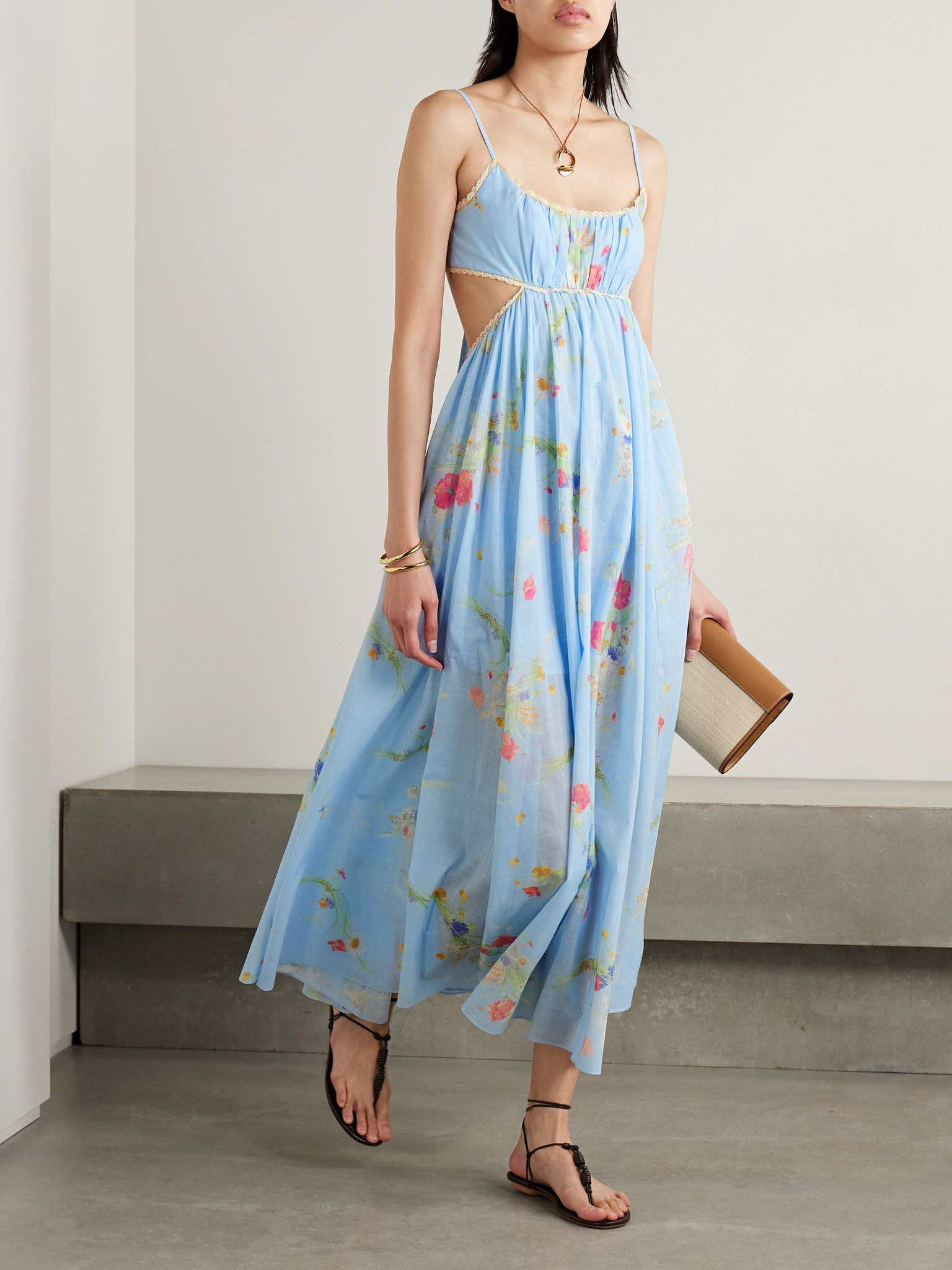 Lucky Picnic cutout crocheted lace-trimmed printed cotton-voile maxi dress Blue - 2