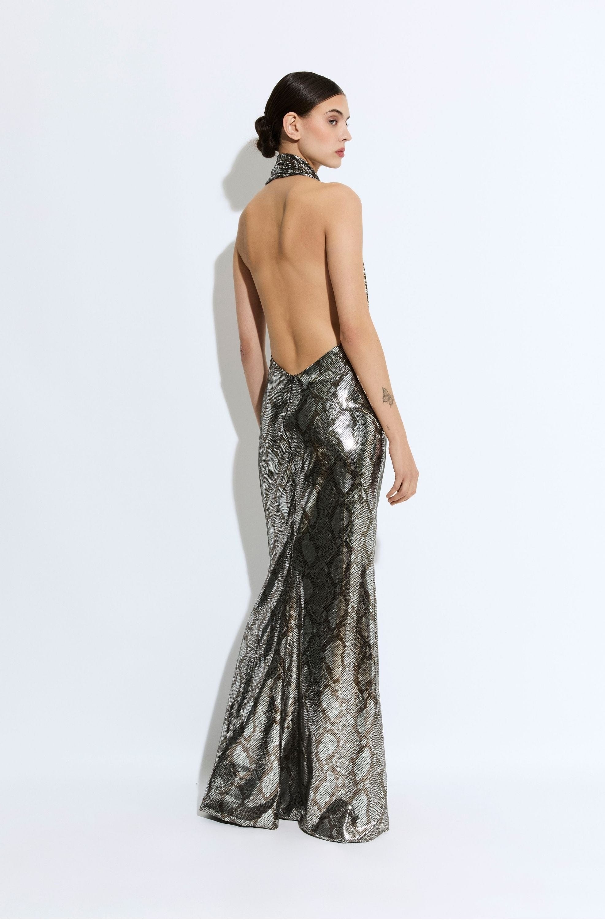 Metal Snake Deep Cowl Neck Gown - 3