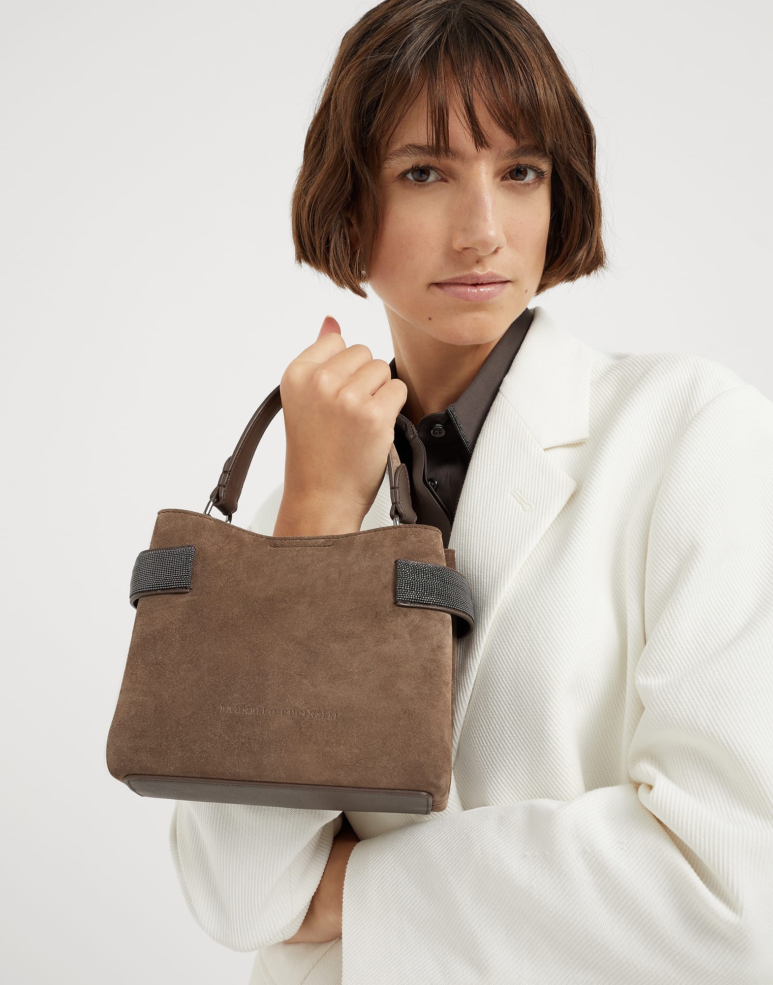 Essence small top-handle bag in suede with precious bands - 4