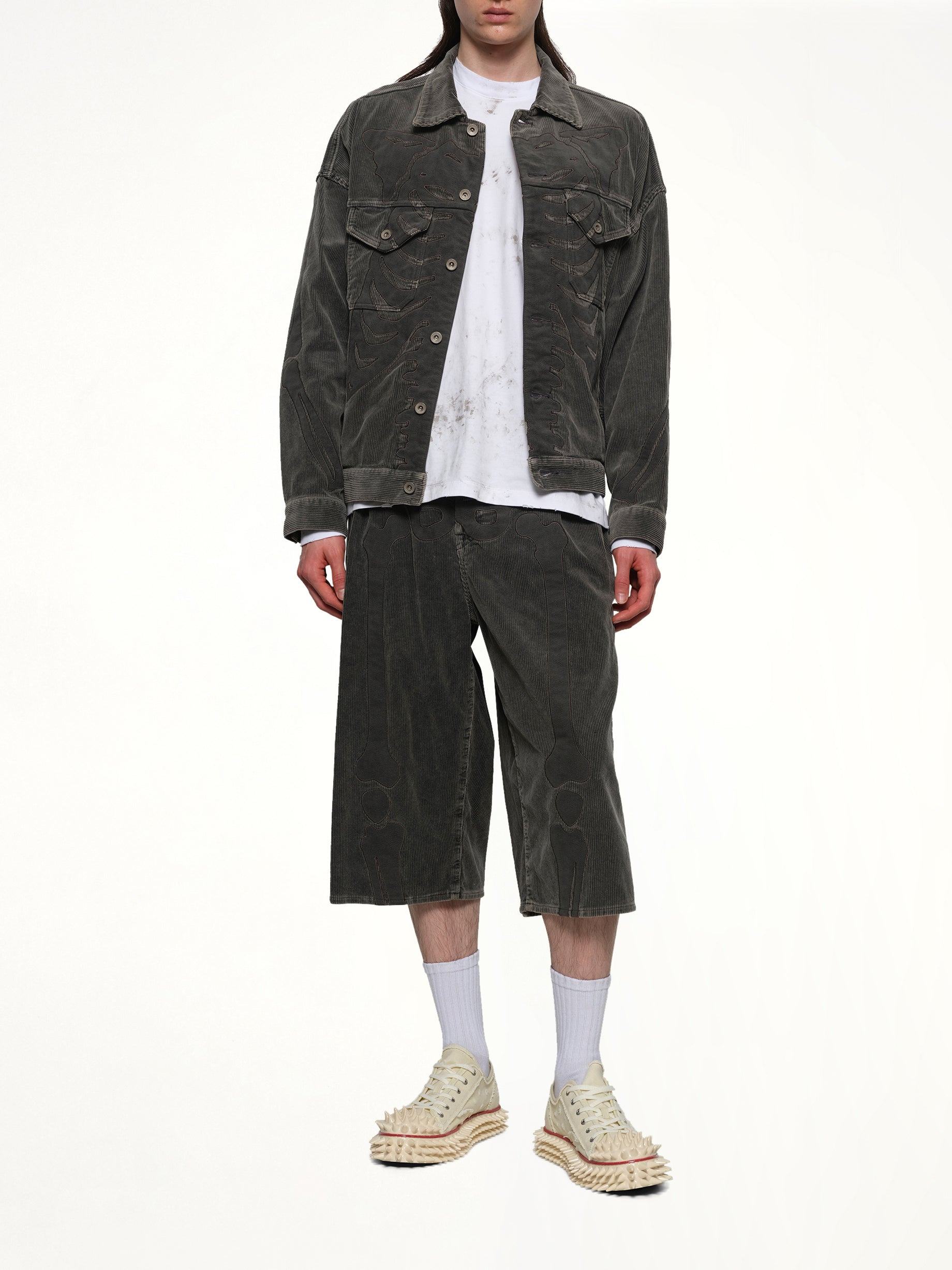 Bone Applique Corduroy Jacket in Grey - 4