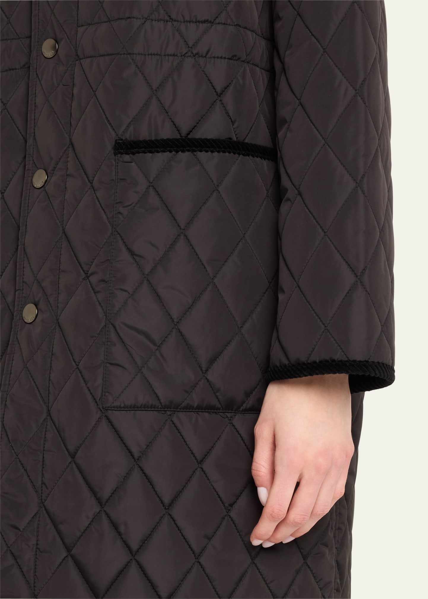 Corduroy-Collar Quilted Long Jacket - 5