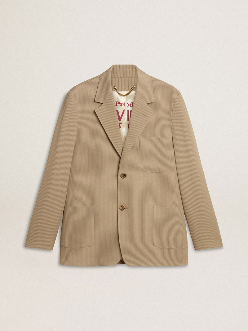 Men's beige pinstripe single-breasted jacket with an oversized fit 1
