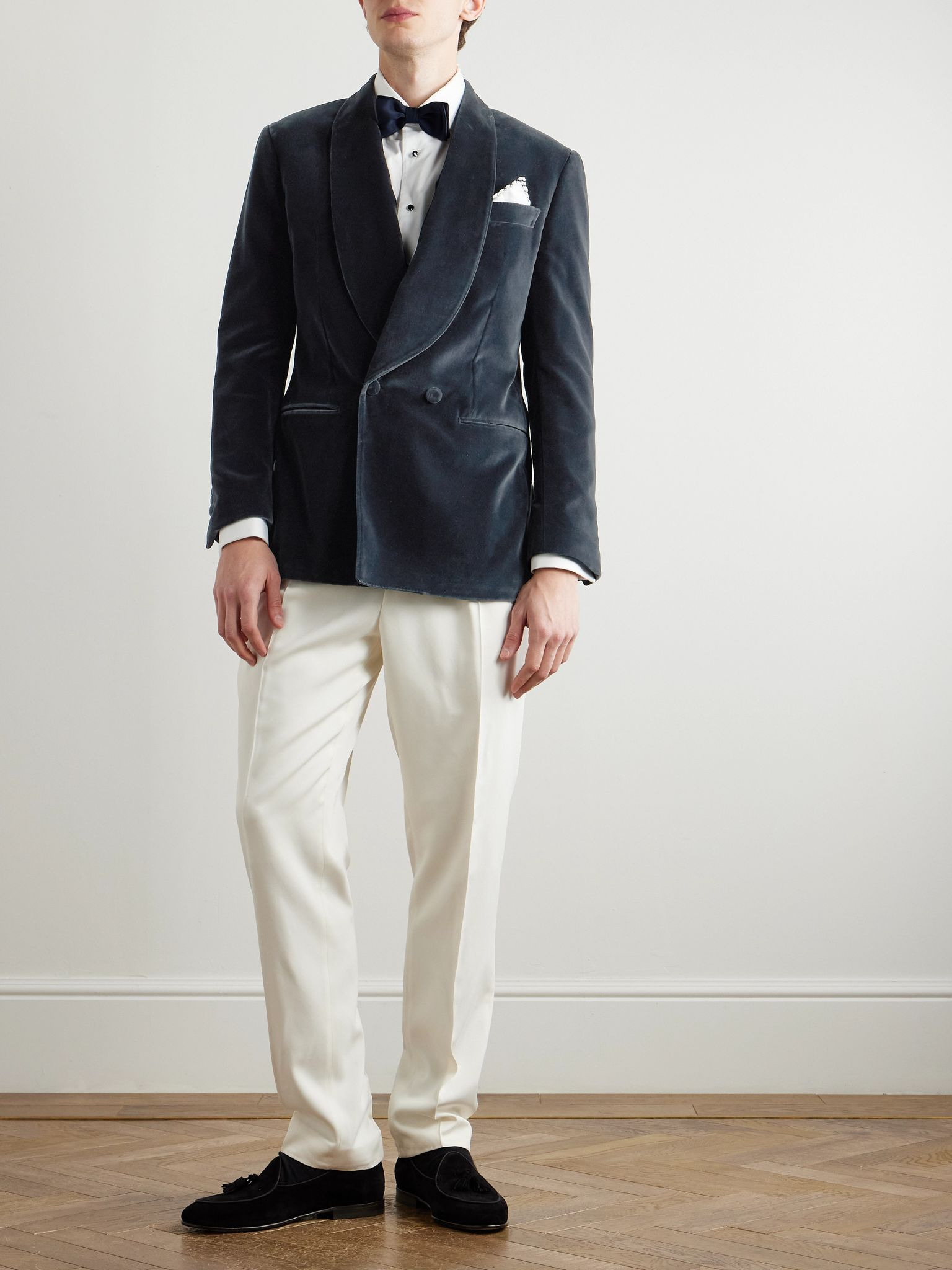 Shawl-Lapel Double-Breasted Cotton-Velvet Tuxedo Jacket Gray - 2