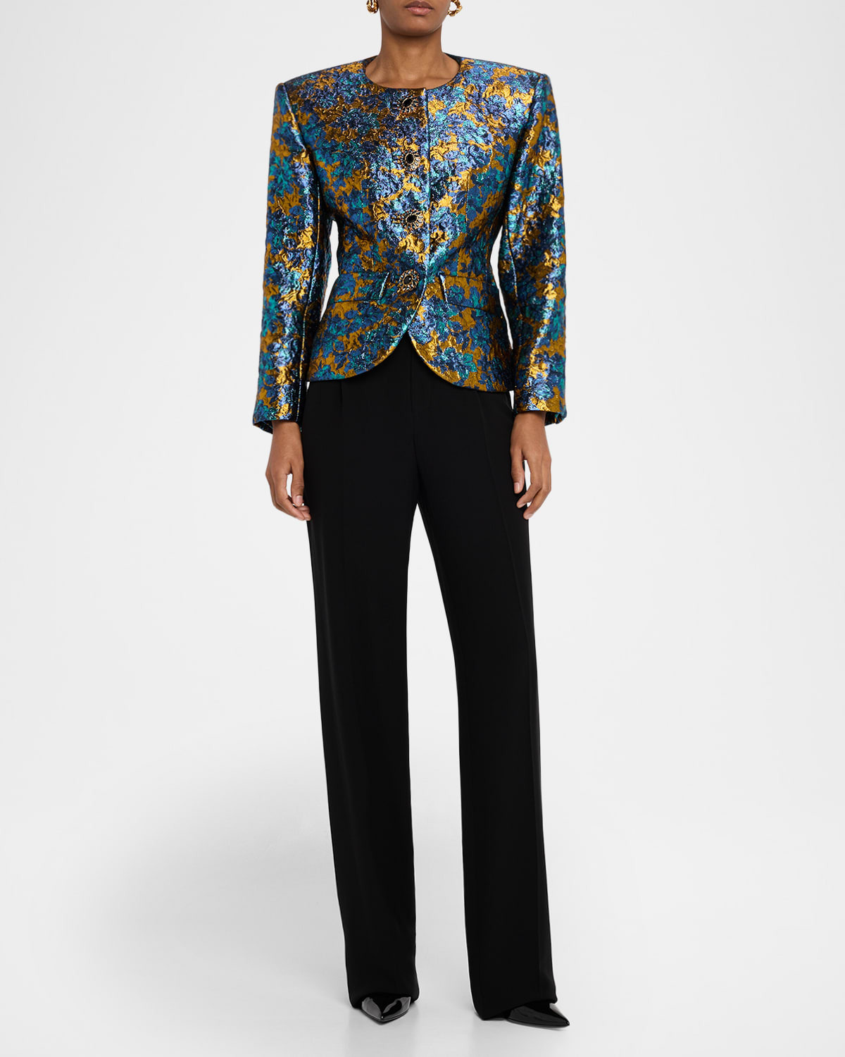 Metallic Floral Brocade Single-Breasted Jacket - 2