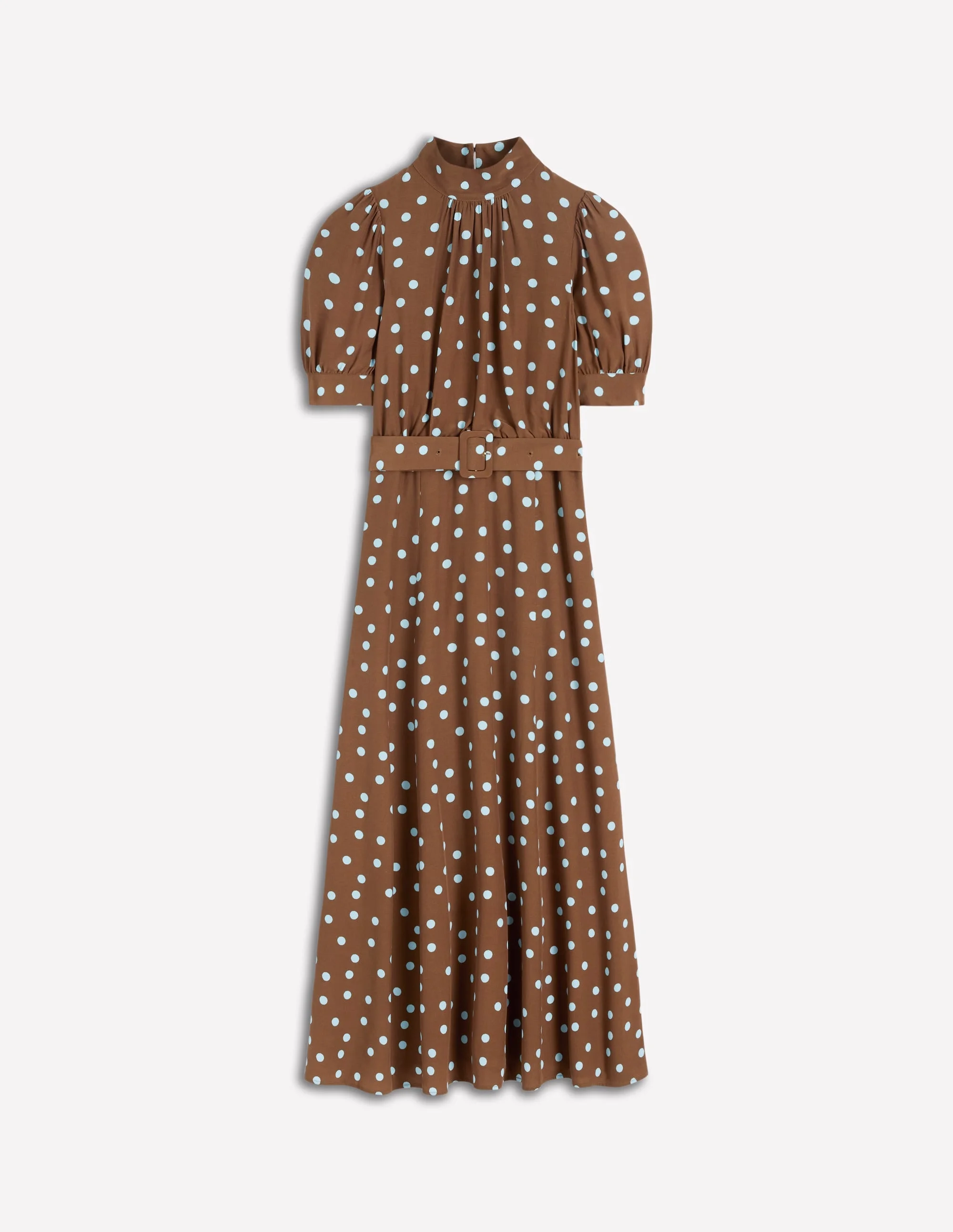 High Neck Belted Dress-Raw Umber, Painted Dot - 1