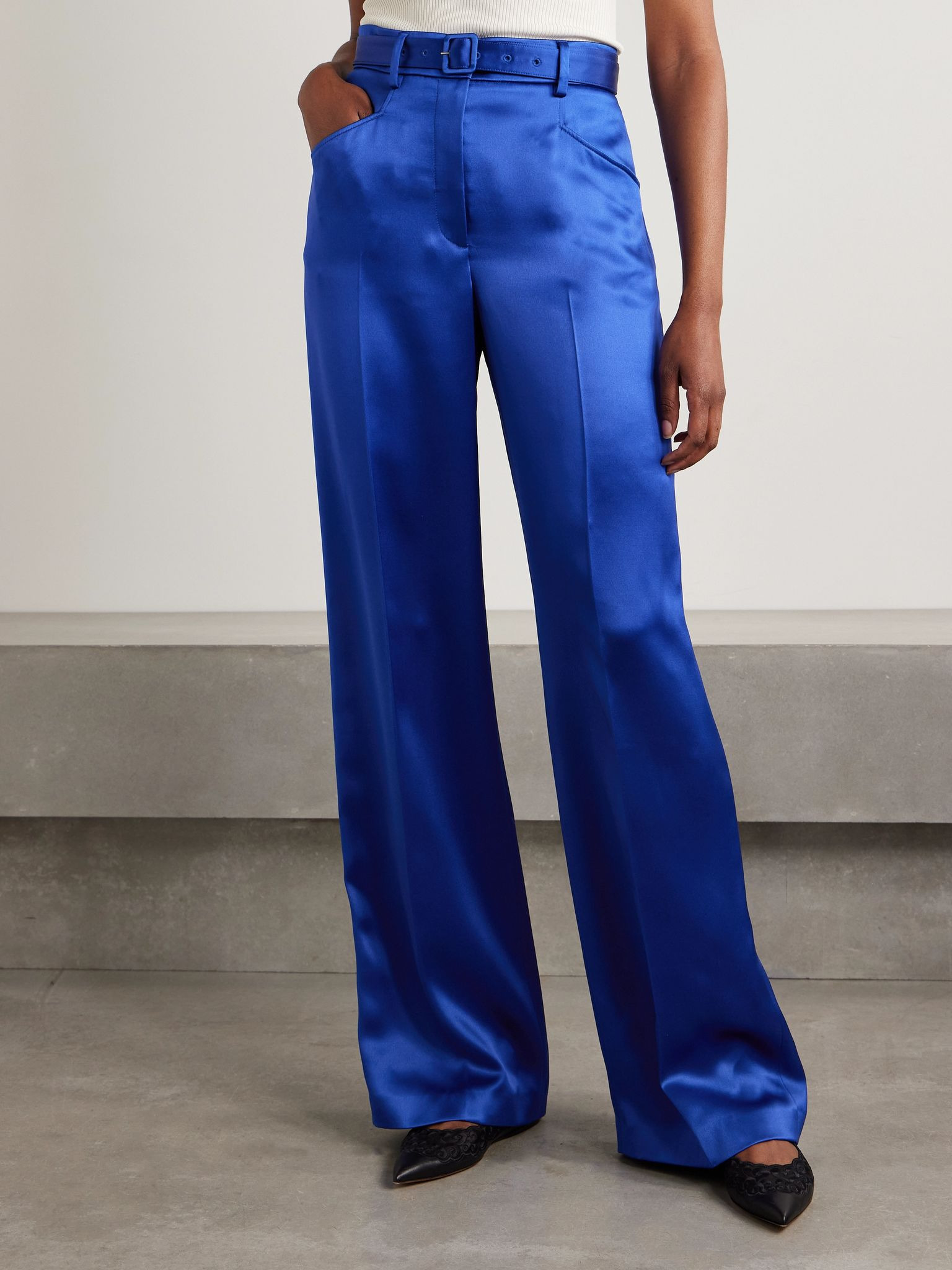 Norman belted silk-satin straight-leg pants Cobalt blue - 3