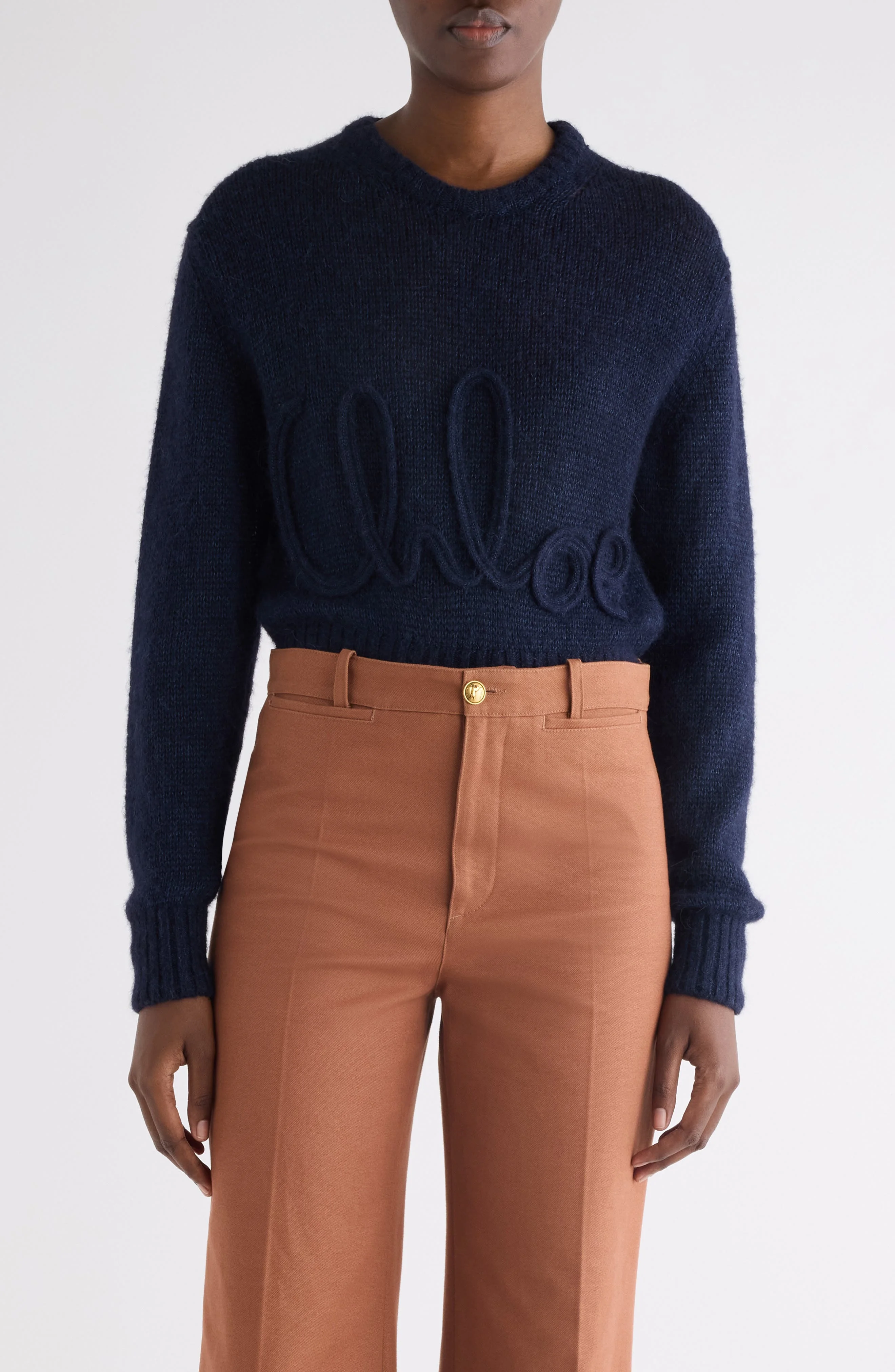 Chloé Raised Logo Alpaca & Silk Sweater in Navy at Nordstrom - 1
