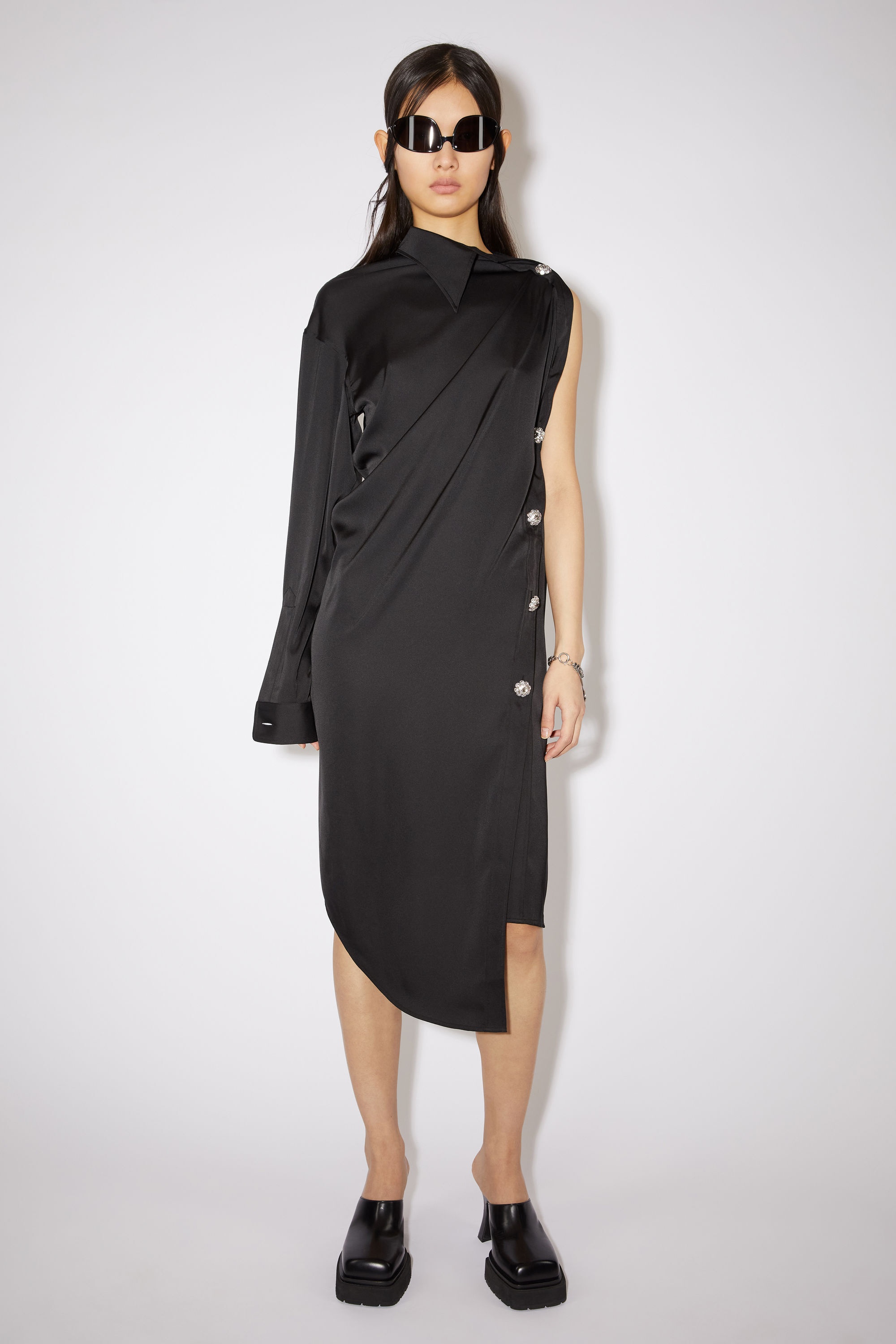 Satin asymmetric shirt dress - Black - 4