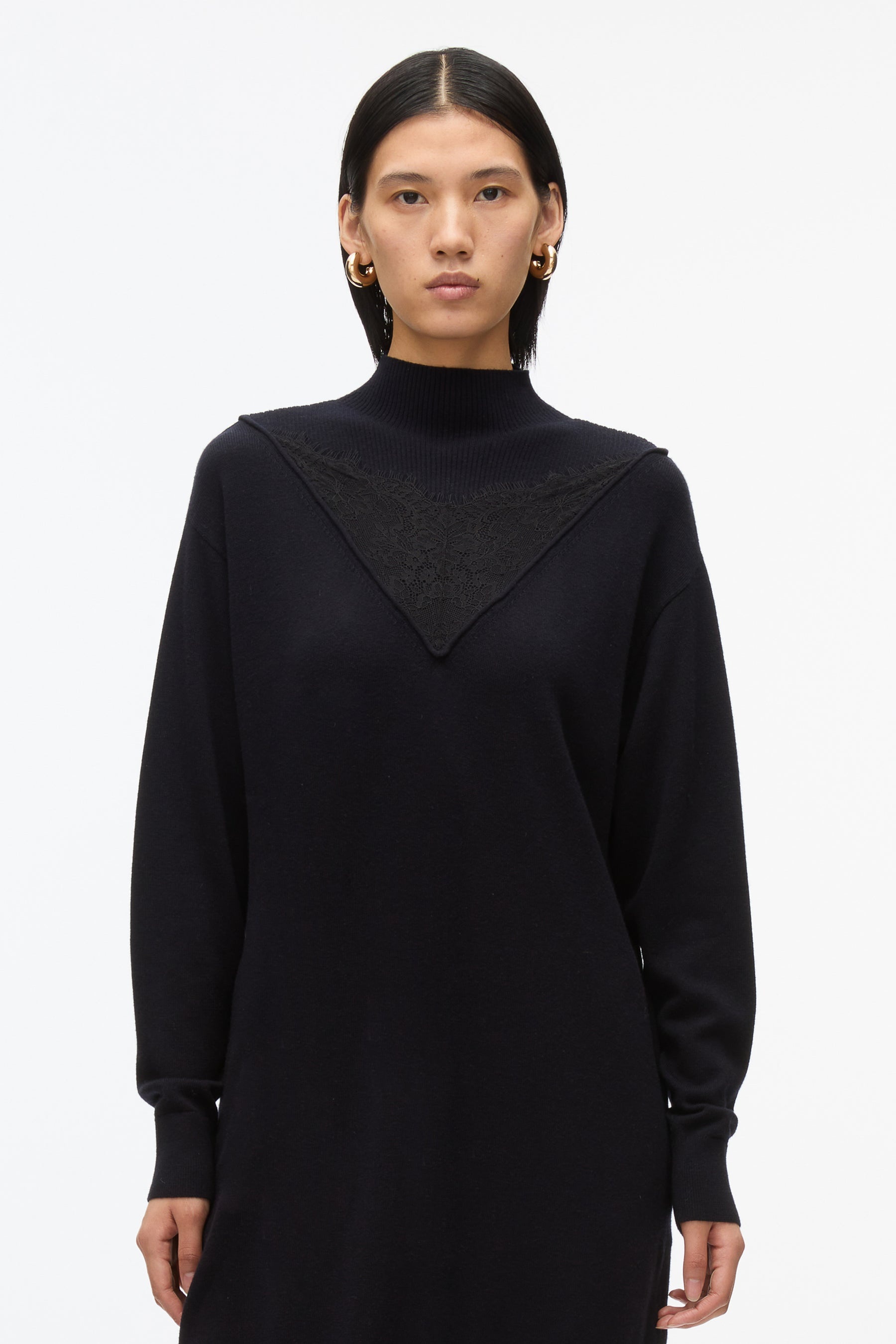 Mockneck Knit Dress with Lace Inlay - 4