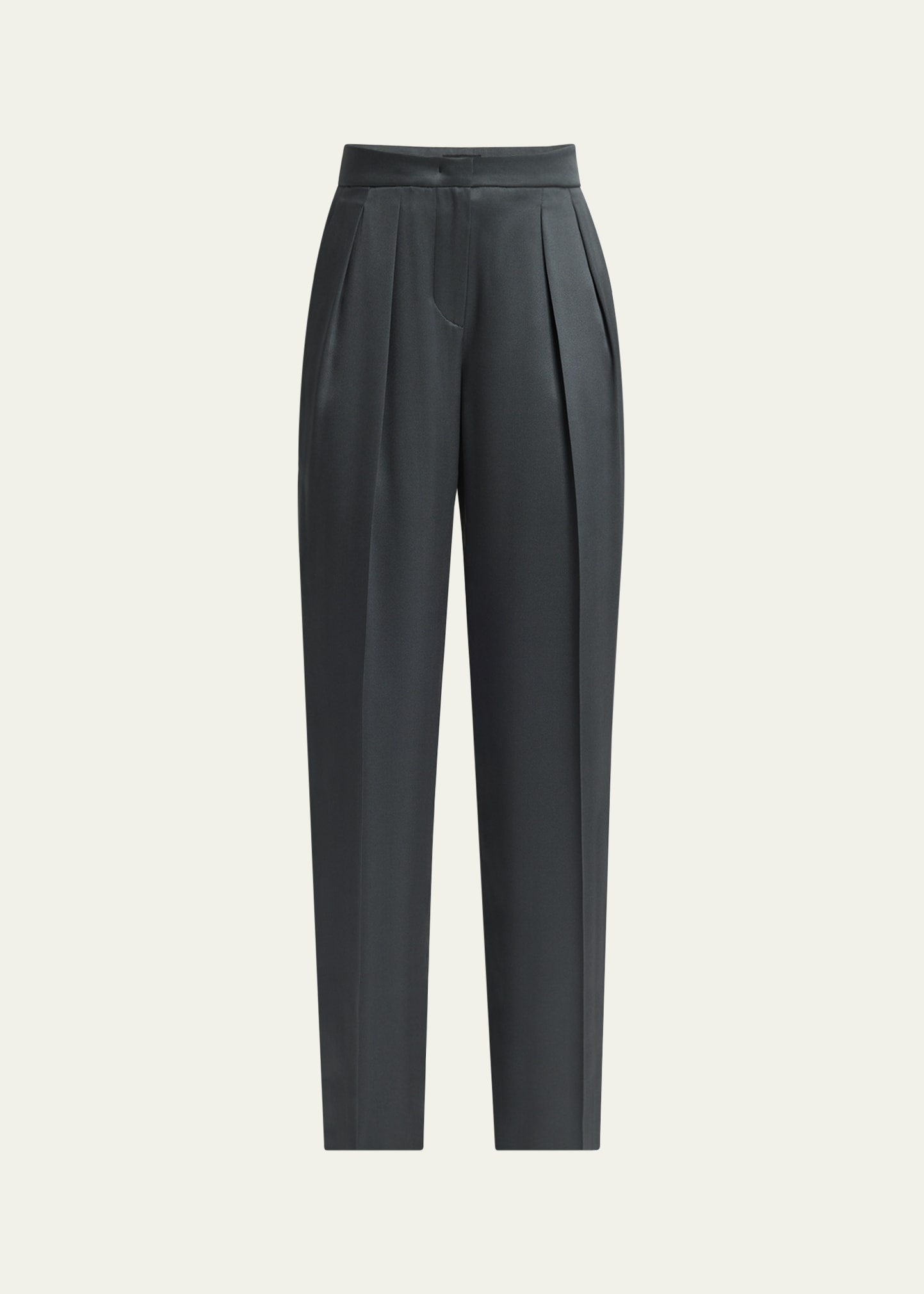 Silk Satin Pleated Straight-Leg Trousers - 1