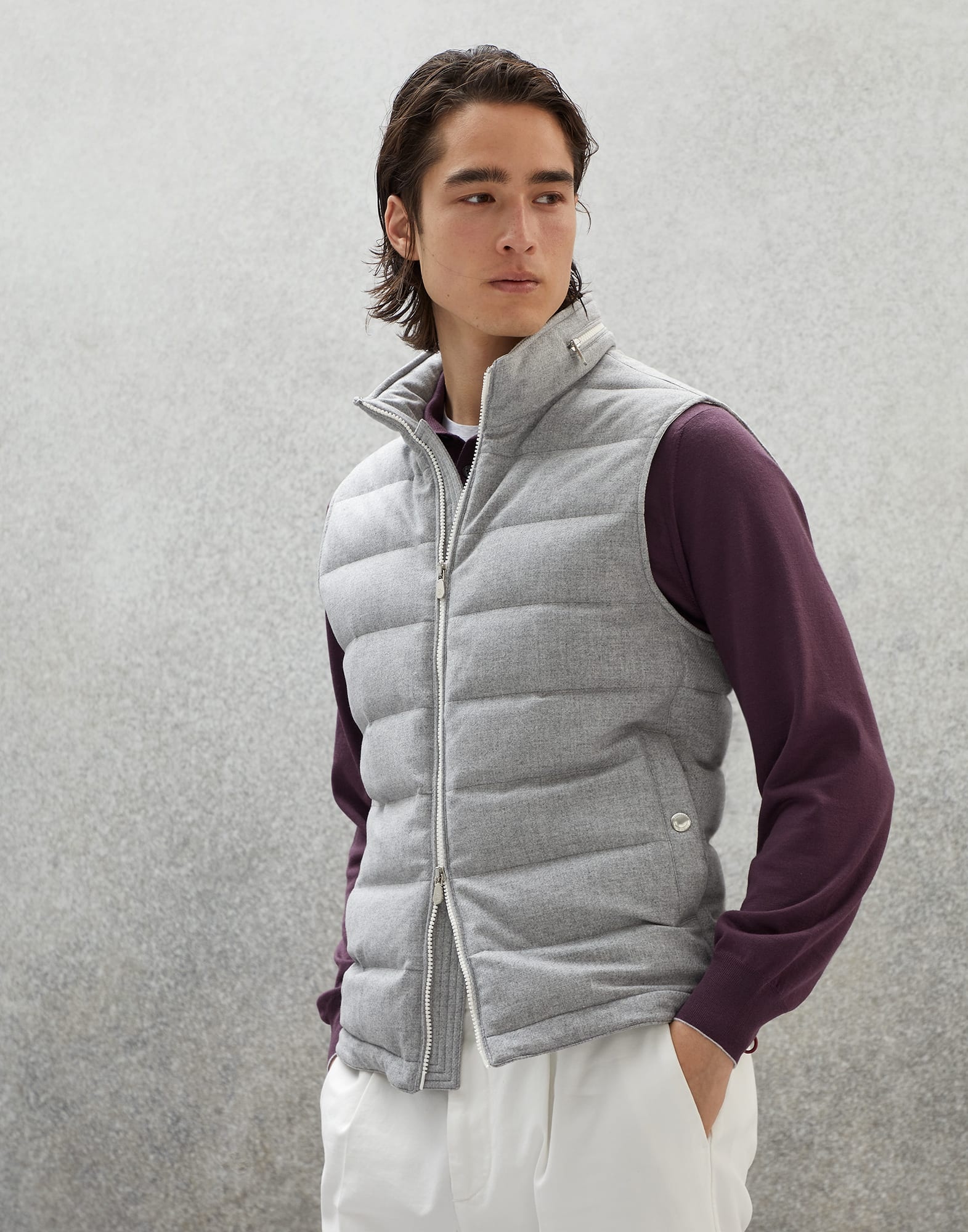 Wool, silk and cashmere bonded diagonal down vest with packable hood - 1