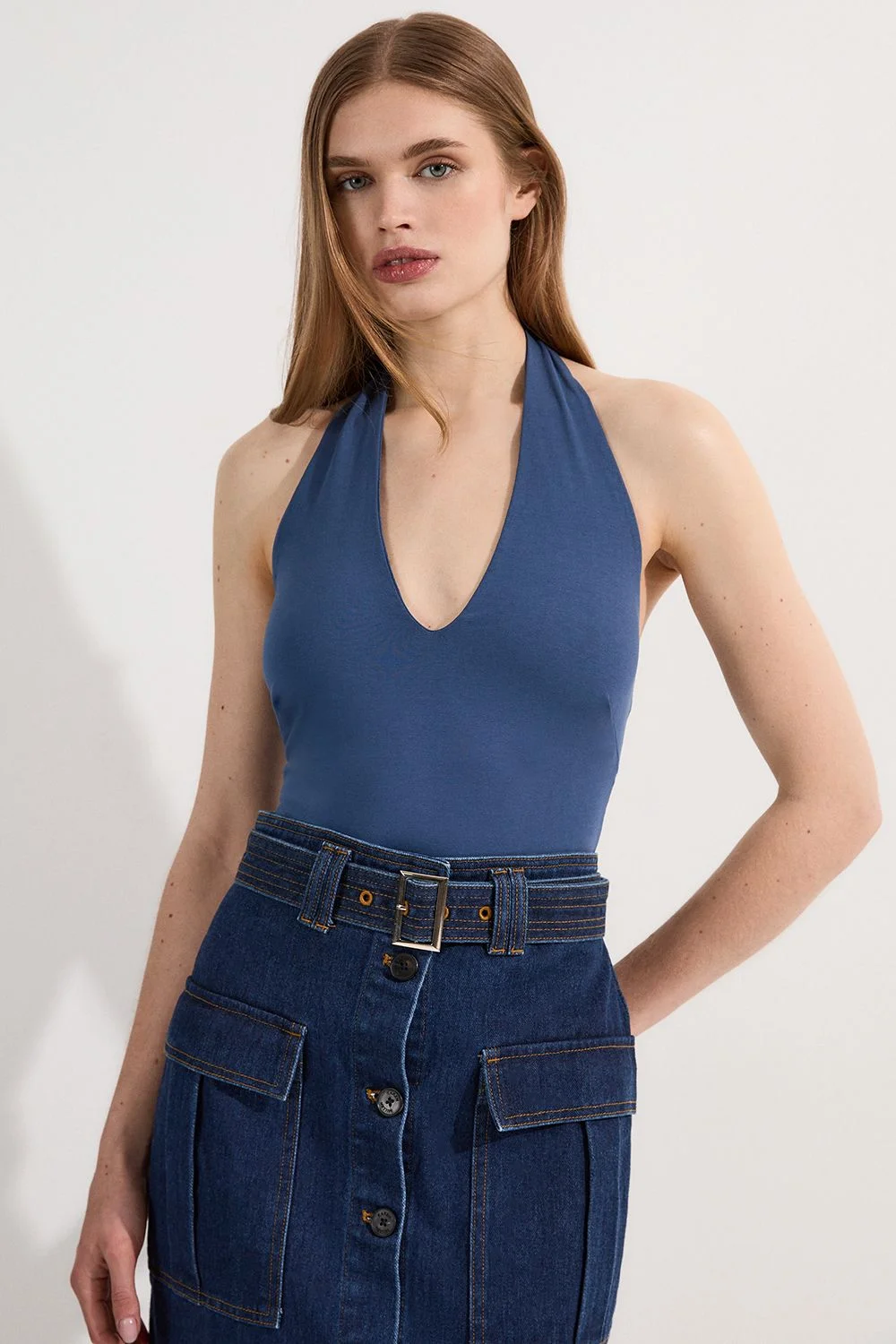 Stretch Cotton Jersey Halter Jersey Bodysuit - 1