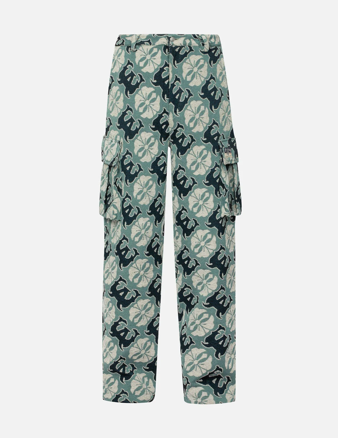 Allover Kamon and Logo Jacquard Wide Leg Tapestry Cargo Pants - 1