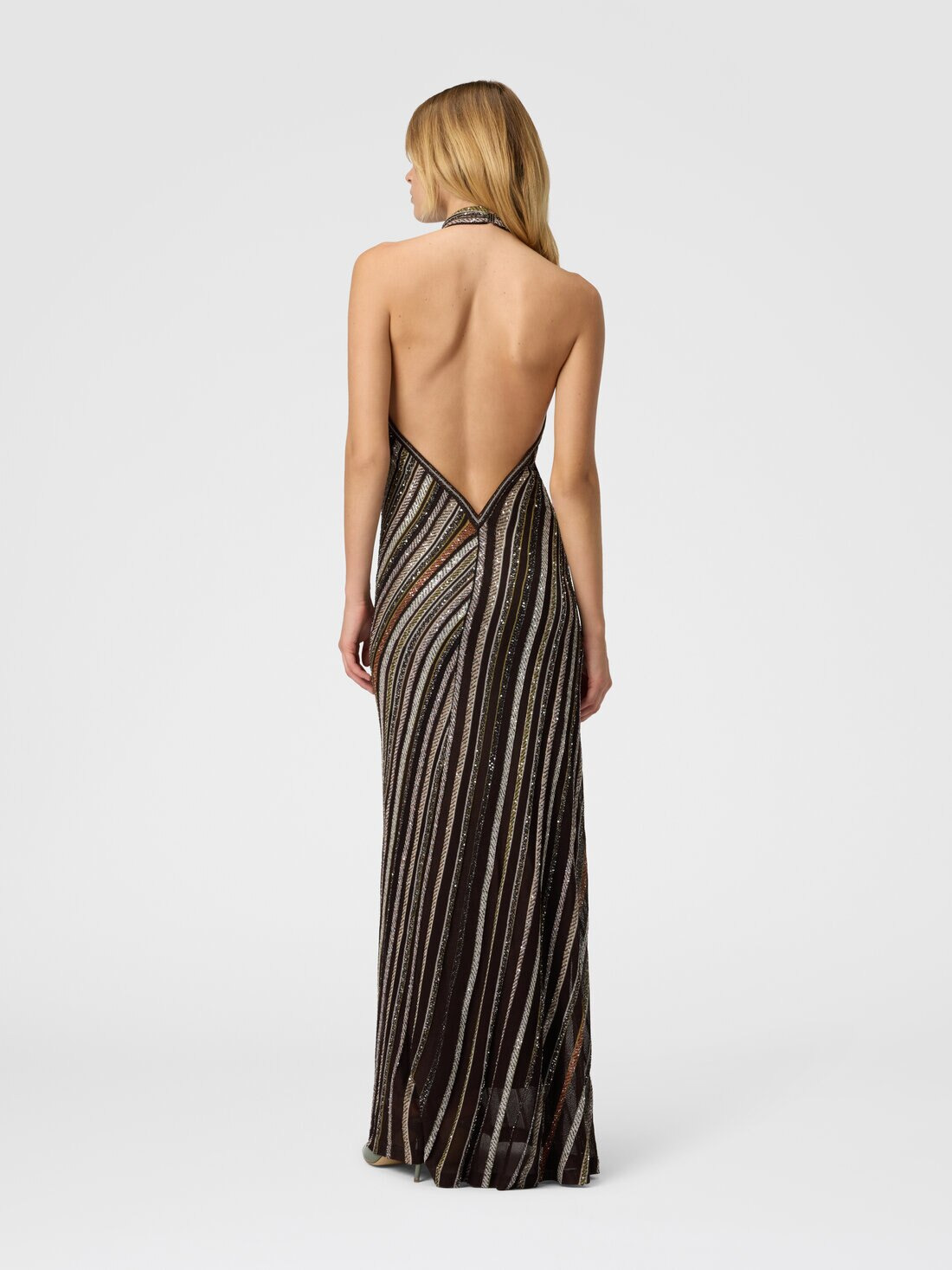 Long Dress with Halter Neck and Herringbone Stripe Knit - 3