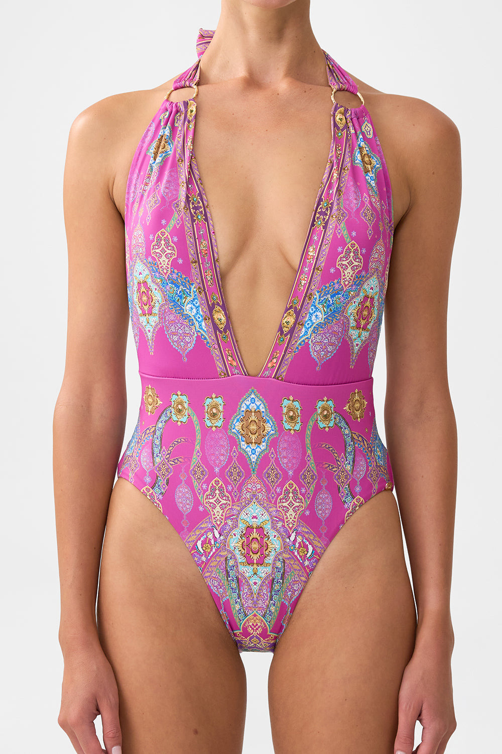 PLUNGE BACKLESS HALTER ONE PIECE WITH RING TIES - 6