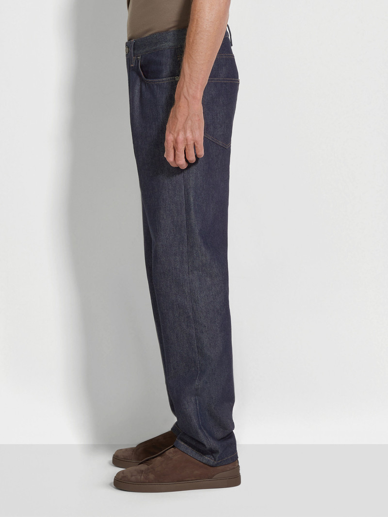DARK BLUE RINSE-WASHED COTTON AND SILK ROCCIA JEANS 4
