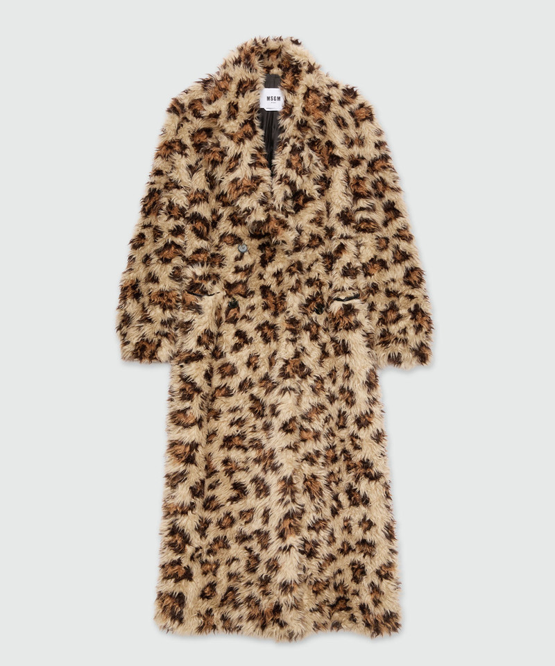 Long beige animalier coat in shaggy-effect faux fur 1