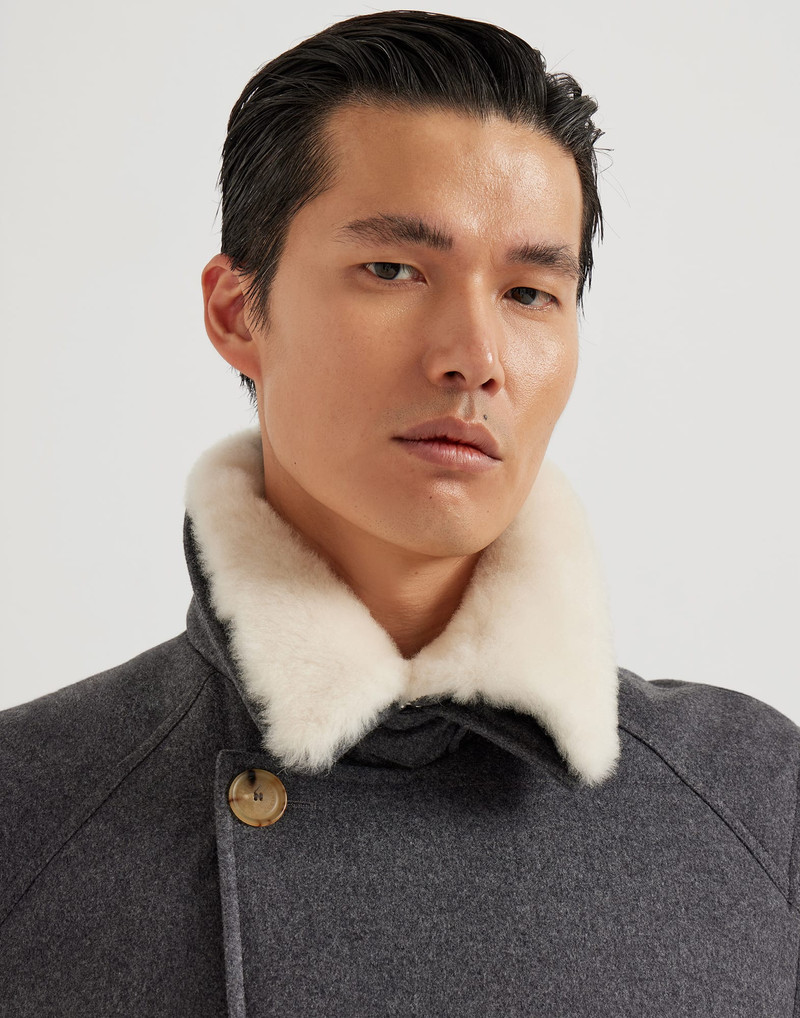 Bonded wool flannel one-and-a-half breasted down jacket with detachable shearling collar 3
