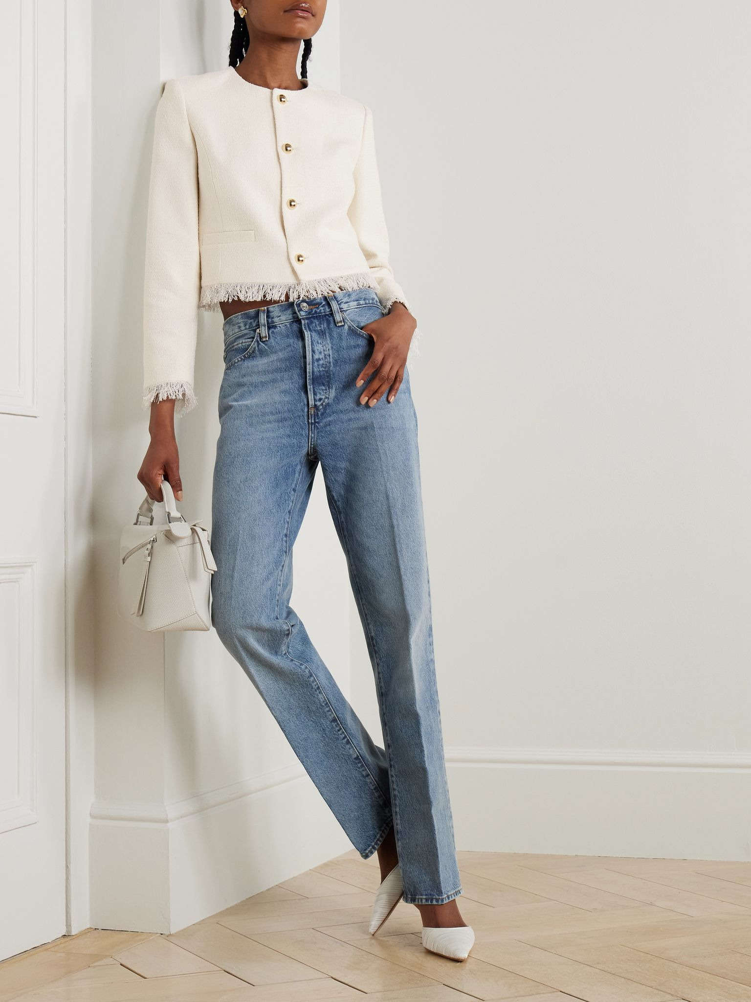 Cropped fringed cotton-blend tweed jacket Ivory - 2