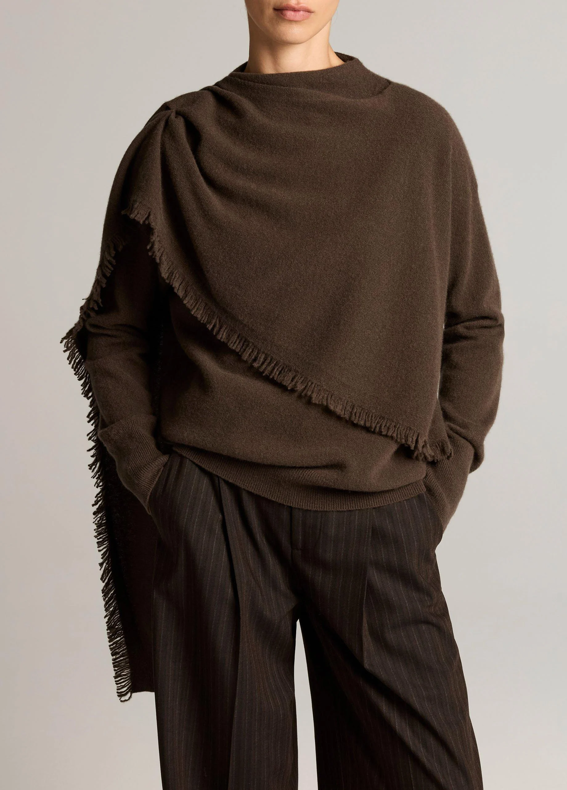 Fringed Draped-Shawl Wool-Cashmere Sweater - 1