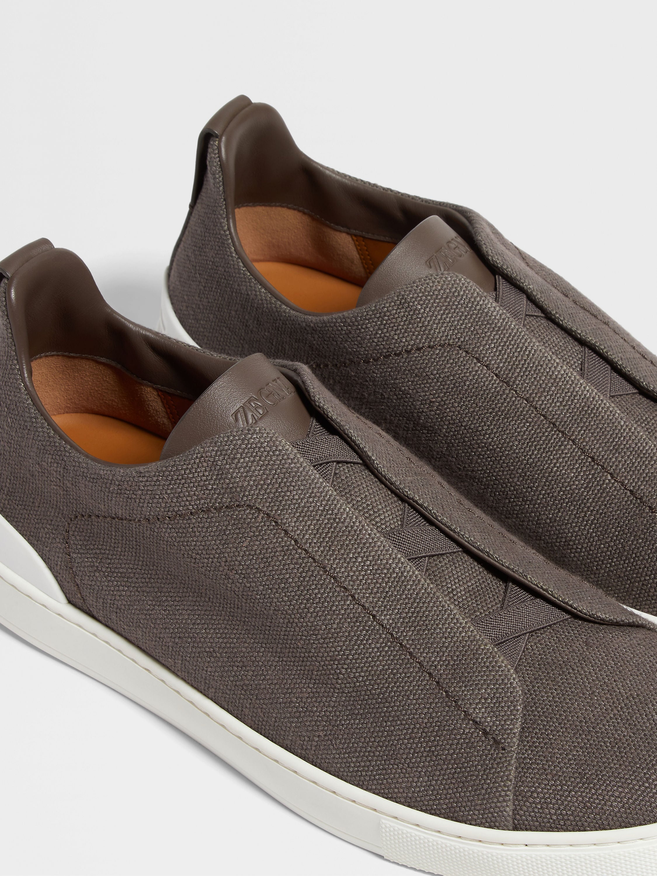 DARK TAUPE COTTON LINEN AND LEATHER TRIPLE STITCH™ SNEAKERS - 2