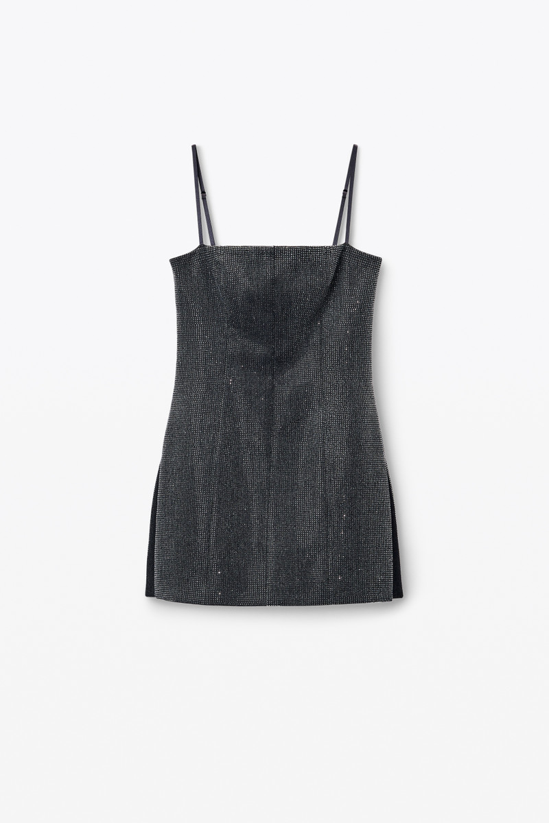 Square Neck Minidress in Wool Twill with Crystal Hotfix - 1