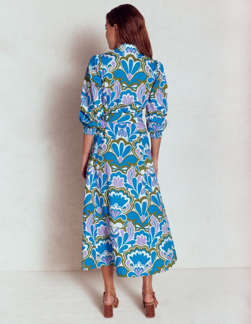 Clara Cotton Shirt Dress-Kingfisher Blue, Freesia Stamp 6